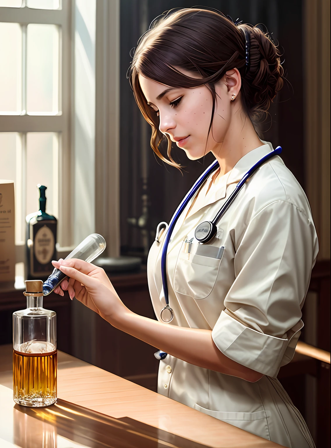 Imagwm realistic of Western Veterinary Brown Woman Examining a White Cat