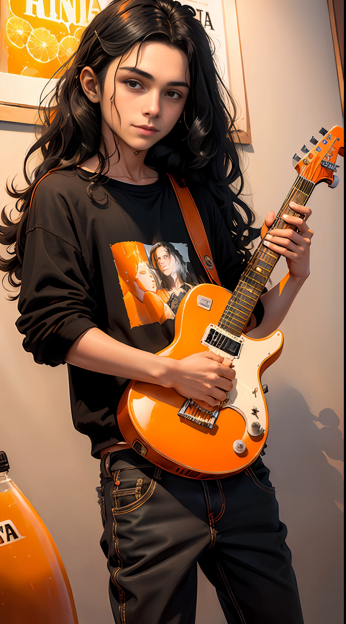 (((Boy))) long-haired and curly teenager playing guitar and holding a bottle of orange soda, a hyper-realistic painting of Amelia Peláez, tumblr, hyper-realism, , drinking a bottle of orange Fanta, smooth in the background, ((((curly long black haired boy))), playing a music video, playing guitar, 16-year-old tommy, 🍸🍋 (((holding a bottle of orange fanta)))