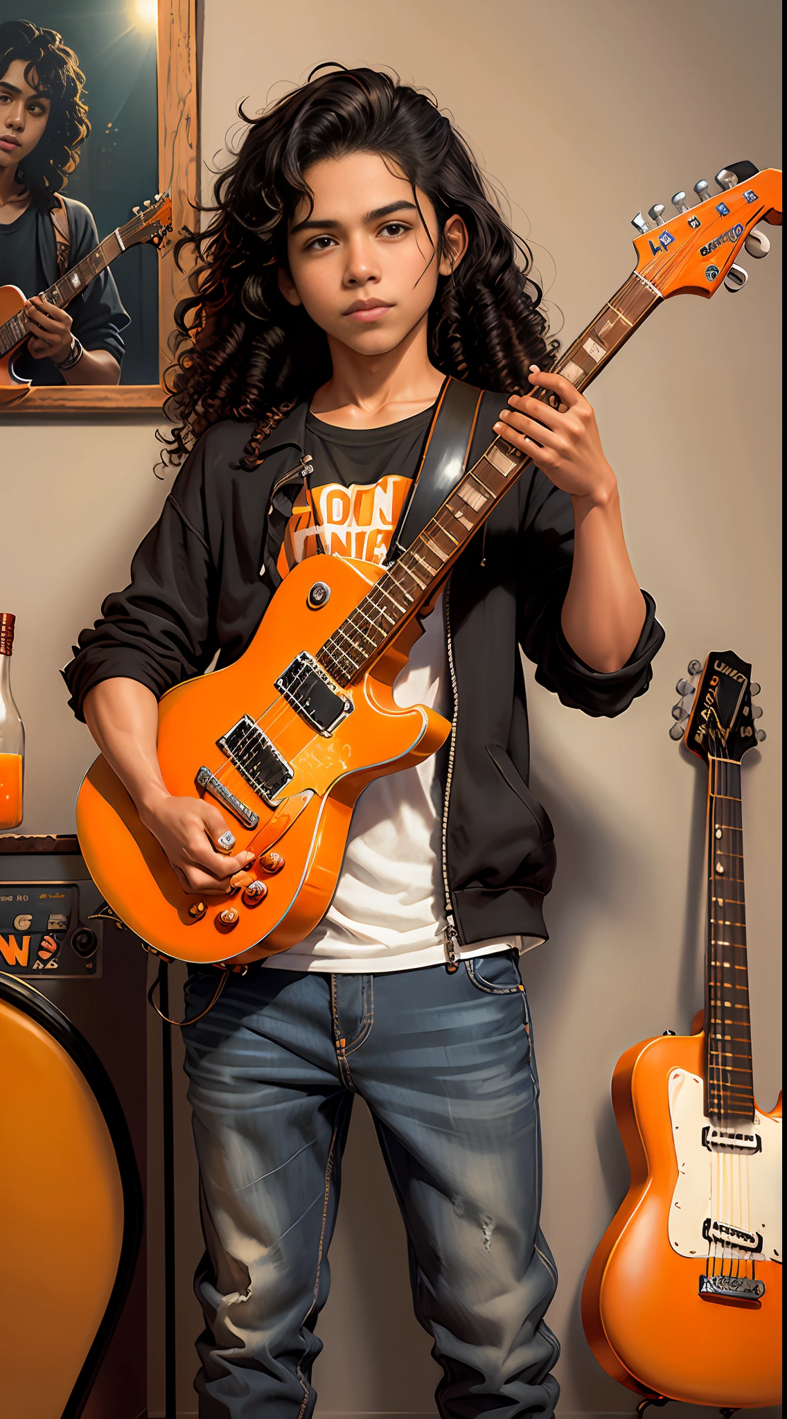 (((Latino boy))) long, curly-haired ager playing guitar and holding a bottle of orange soda, a hyper-realistic painting of Amelia Peláez, tumblr, hyper-realism, , drinking a bottle of orange Fanta, smooth in the background, ((((curly long black haired Latino boy))), playing a music video, playing guitar, 16-year-old tommy, 🍸🍋 (((holding a bottle of orange fanta)))