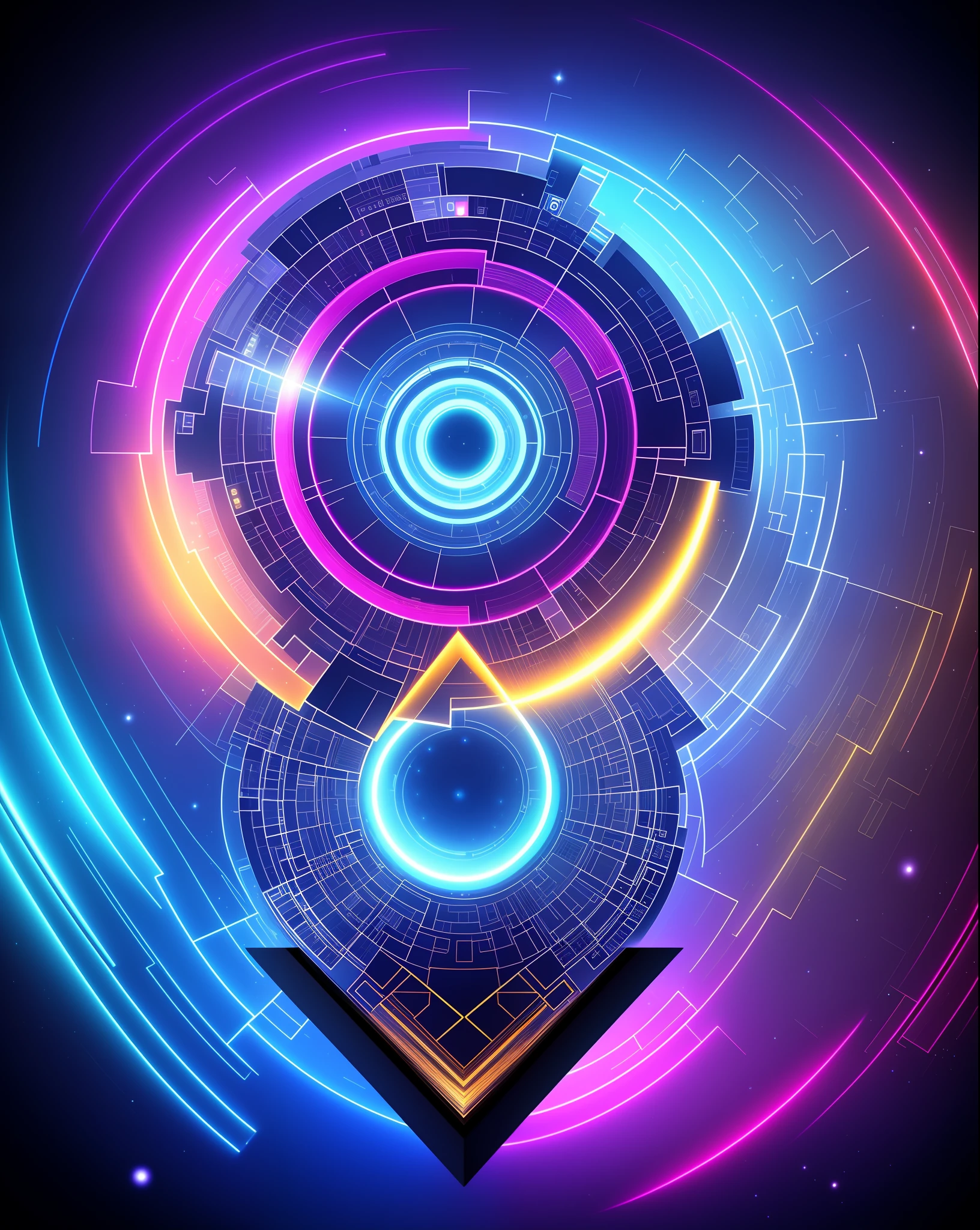 Create a t-shirt design digital artwork futuristic , emphasizing the fusion of cosmic and technological elements. The image should be engaging, innovative, and high-resolution.Explore elements such as galaxies, stars, planets, lines of code, electronic circuits, and abstract geometric shapes. Utilize a vibrant color palette, including shades of electric blue, cosmic purple, neon pink, and hints of silver or gold.The composition should be balanced, symmetrical, and with interconnected graphic elements, creating depth and movement. Include technological elements like lines of code, circuits, or futuristic icons.Add futuristic details such as holograms, light effects, or special illumination. Ensure that the final artwork is of high-resolution for exceptional quality when printed on the t-shirt.