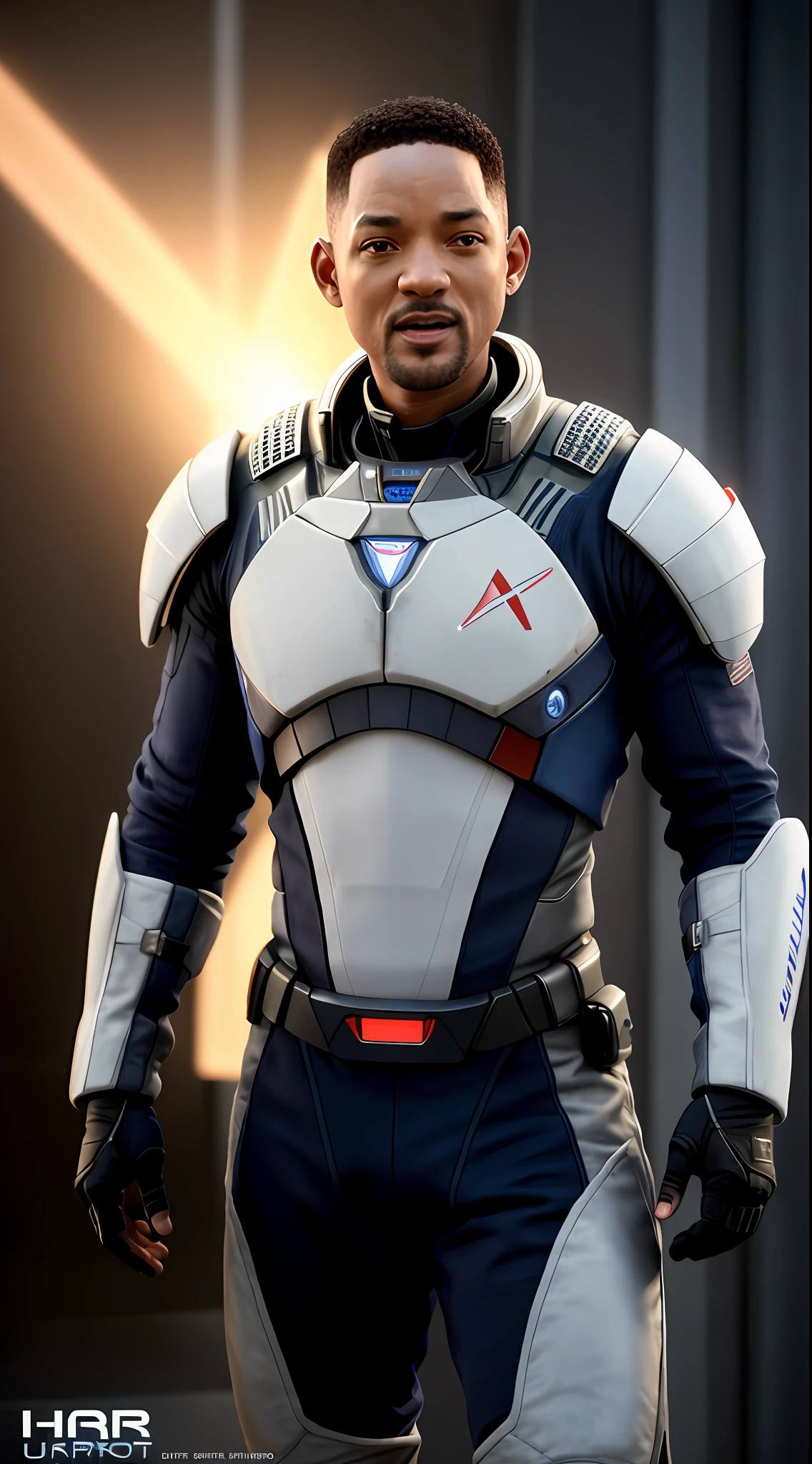 HDR 4K, Portrait photography of award-winning actor Will Smith as a hero of the game Mass Effect, wearing a space suit, (Will Smith person), space battle in the background, Movie, Science fiction, cinematic lighting, two-point lighting,, raw image, best quality, atmospheric scene, close-up sydeboob, (beautiful face detailed, skin texture detail, ultra-detailed body: 1.1), diffuse lighting, natural soft colors, hyper-realistic, (rutkowski),