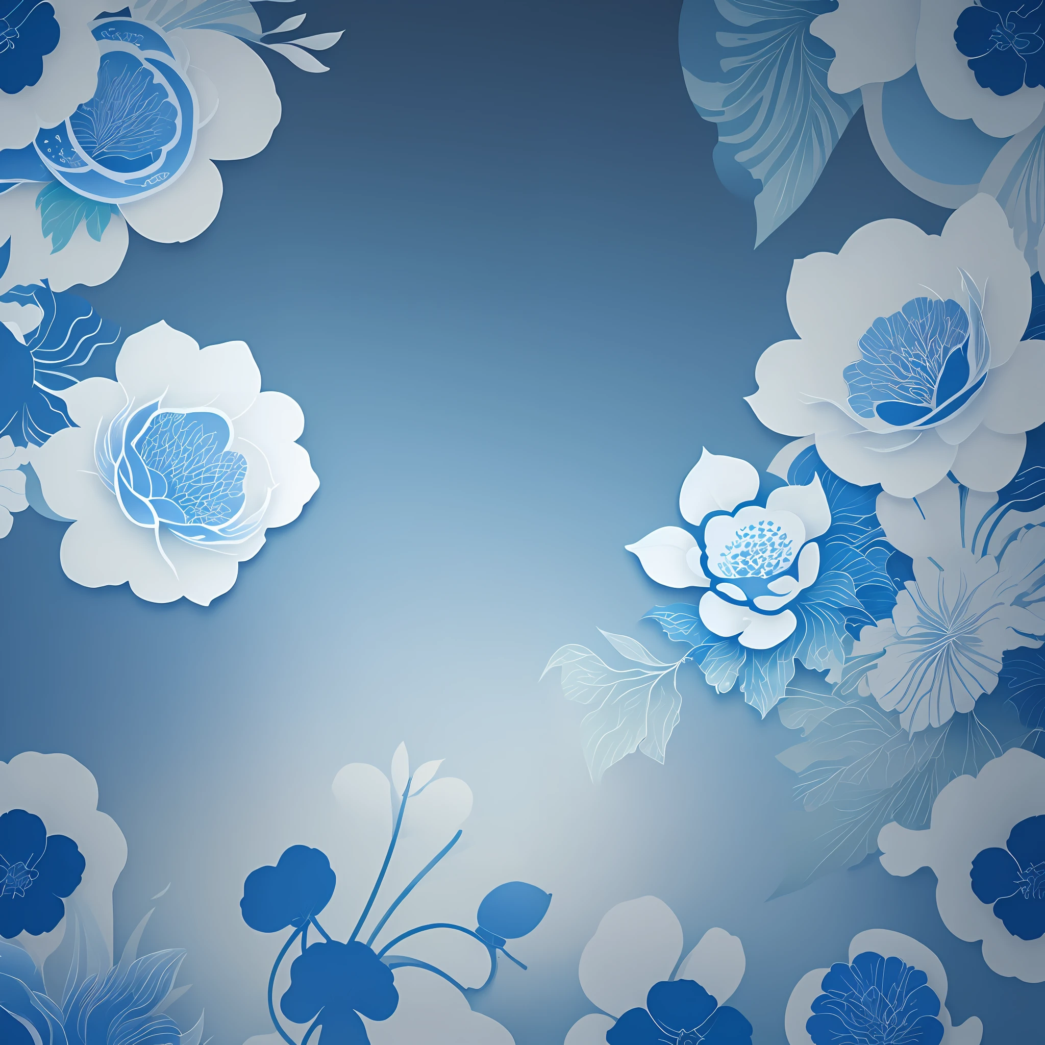 Flat floral and plant illustrations, Jiangnan Republic of China style, clear and clear, based on blue, artistic sense strong, fashionable style, abstraction, repeated arrangement of elements, splashed ink patterns.