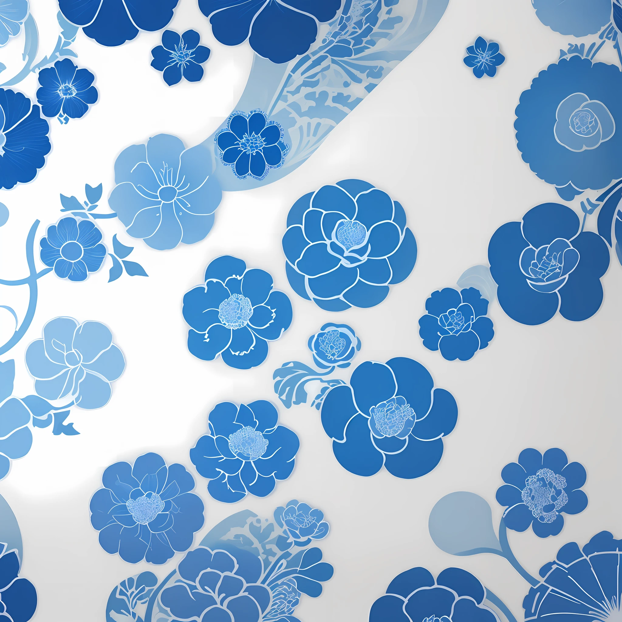Flat floral and plant illustrations, Jiangnan Republic of China style, clear and clear, based on blue, artistic sense strong, fashionable style, abstraction, repeated arrangement of elements, splashed ink patterns.
