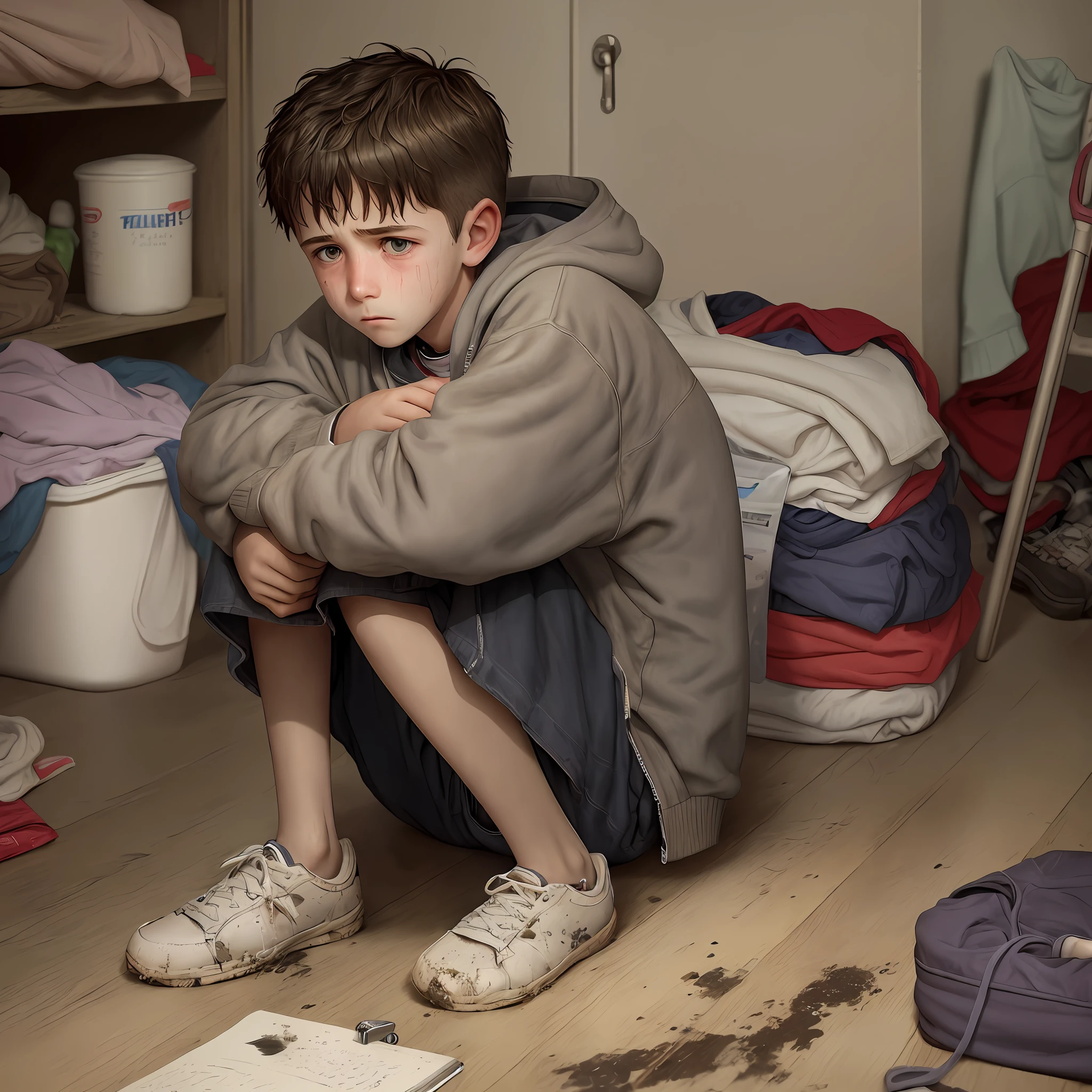 thirteen-year-old boy, poor, sad, sitting writing in his diary crying wearing dirty clothes and house looking dirty, realistic, torn coat