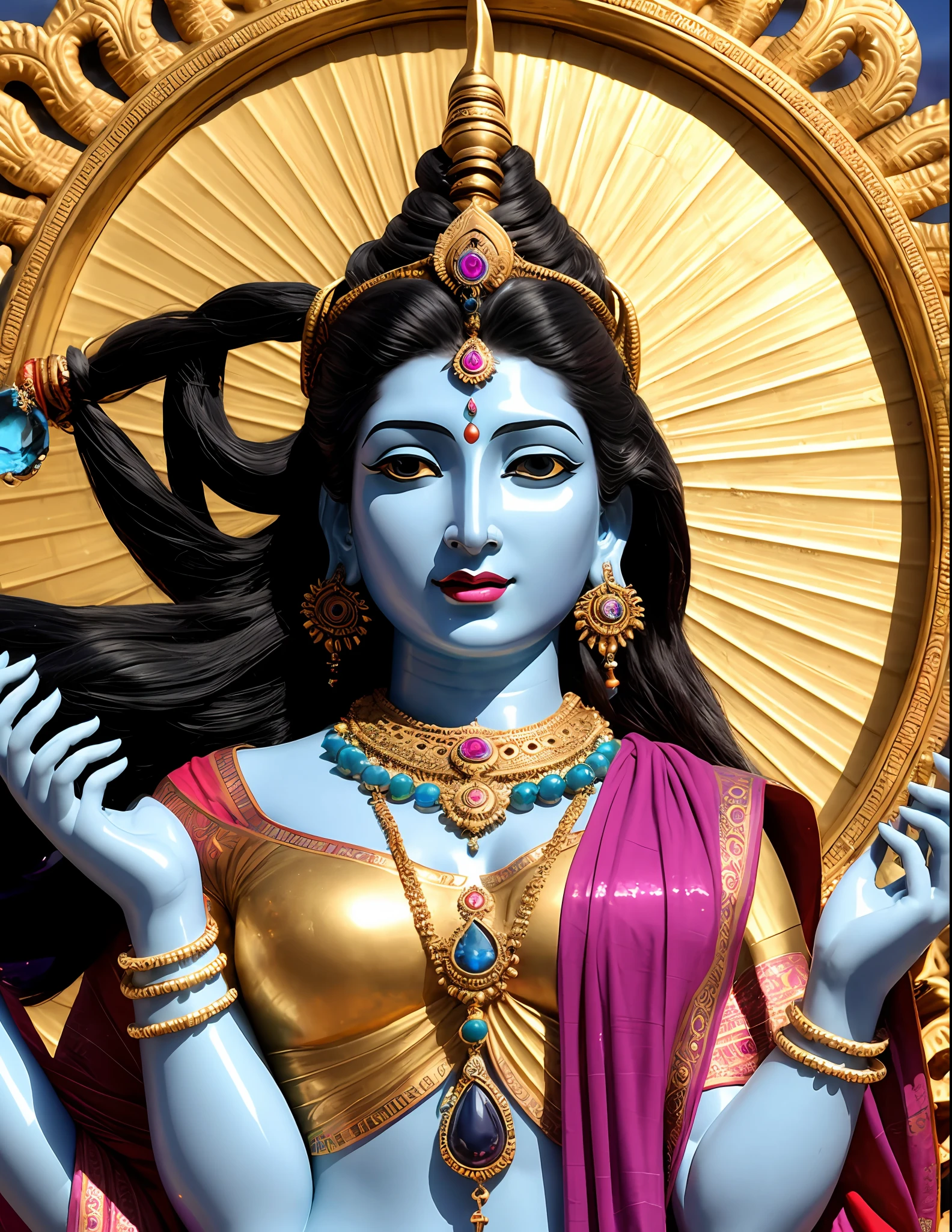 Goddess Shiva, image more for divine creature than for human, shimmering blue skin, long hair, long tongue out (characteristic and intense color) with minute details in its accessories, mixing the classic image with a futuristic rereading, with super colorful clothes, with modern aspect, disposed, cyber, fabric with fluoride movement and colors that adorn with all the colors of the image. Full body shiva image, front position, diabolical aspect, aggressive Nikon Z 85mm physiognomy, high quality, illuminated source, 4k, best image quality available, realistic image. The head of the goddess Shiva covers part of a sun that lies behind her, she carries a crescent moon on her left mother, carries a necklace of human skulls on her neck, has a large mirror behind shiva, the mirror has baroque frame with colored gemstones, excellent image quality in the details of the image.