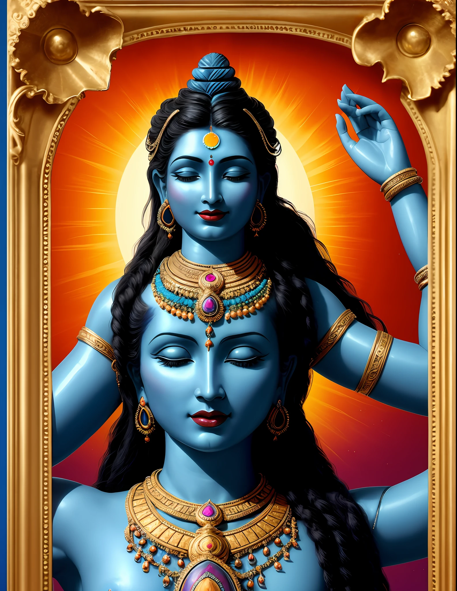 Goddess Shiva, image more for divine creature than for human, shimmering blue skin, long hair, long tongue out (characteristic and intense color) with minute details in its accessories, mixing the classic image with a futuristic rereading, with super colorful clothes, with modern aspect, disposed, cyber, fabric with fluoride movement and colors that adorn with all the colors of the image. Full body shiva image, front position, diabolical aspect, aggressive Nikon Z 85mm physiognomy, high quality, illuminated source, 4k, best image quality available, realistic image. The head of the goddess Shiva covers part of a sun that lies behind her, she carries a crescent moon on her left mother, carries a necklace of human skulls on her neck, has a large mirror behind shiva, the mirror has baroque frame with colored gemstones, excellent image quality in the details of the image.