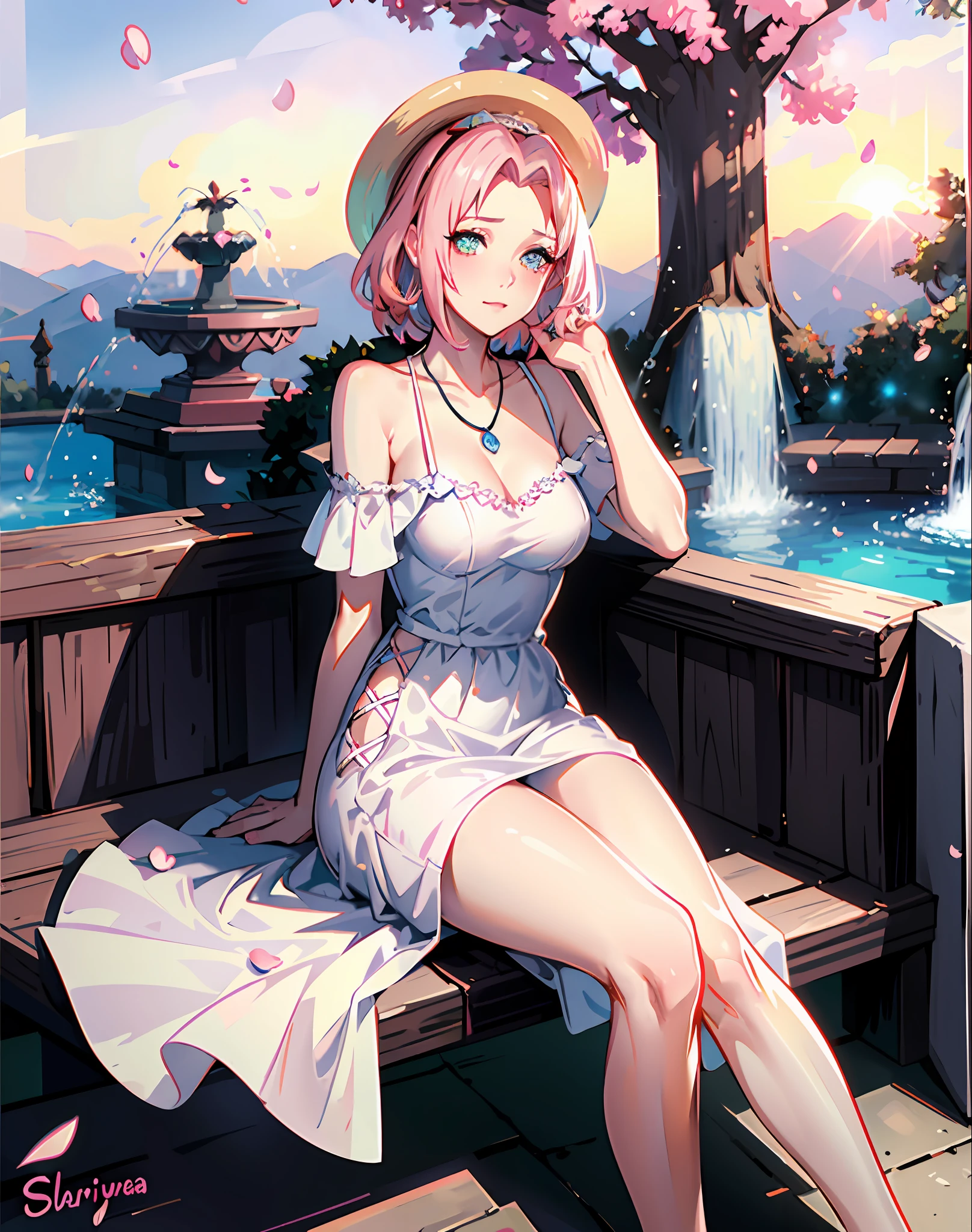 {{masterpiece}}, best quality, cinematic lighting, lens flare, medium breasts, beautiful detail eyes, white summer dress, sitting by a fountain, necklace, straw hat, sunset, sakura, cherry tree, petals,pink hair,forehead to show