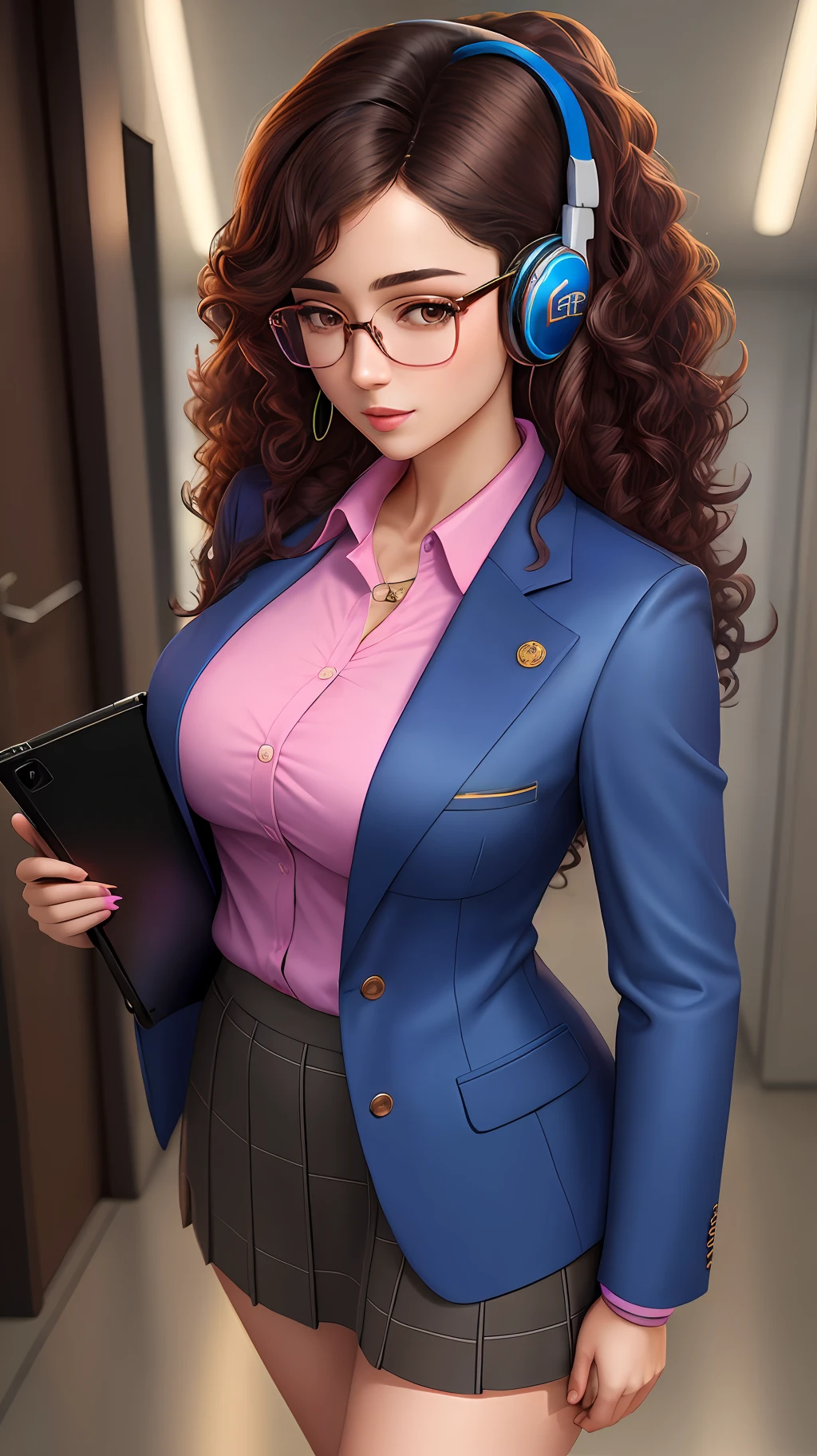Woman with glasses, dark curly hair, colorful hair stirring, light hair, dark brown eyes, headset, full body, perfect face, social clothing, skirt fulfilled, blazer, blazer with blue details, holding a tablet in her arms, hyper realistic, 4k, masterpiece, photography,