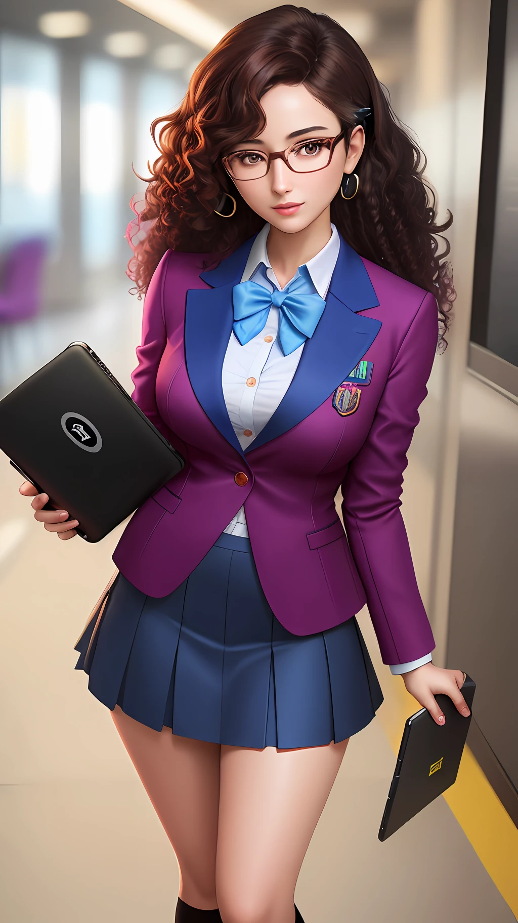 Woman with glasses, dark curly hair, colorful hair stirring, light hair, dark brown eyes, headset, full body, perfect face, social clothing, skirt fulfilled, blazer, blazer with blue details, holding a tablet in her arms, hyper realistic, 4k, masterpiece, photography,