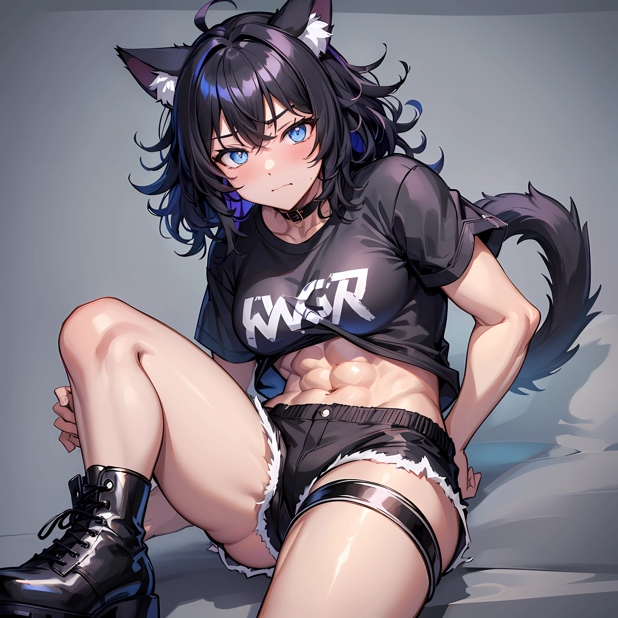 cat ears, cat-boi, blue eyes, black hair, big short fluffy messy hair, cat tail, vibrant, HD, black shirt, black booty shorts, accurate hands, black thigh socks, smug, toned abs, combat boots, accurate legs, blush, drunk, half open eyes, (masterpiece), (HD), muscular thighs, bulge, ((SFW))