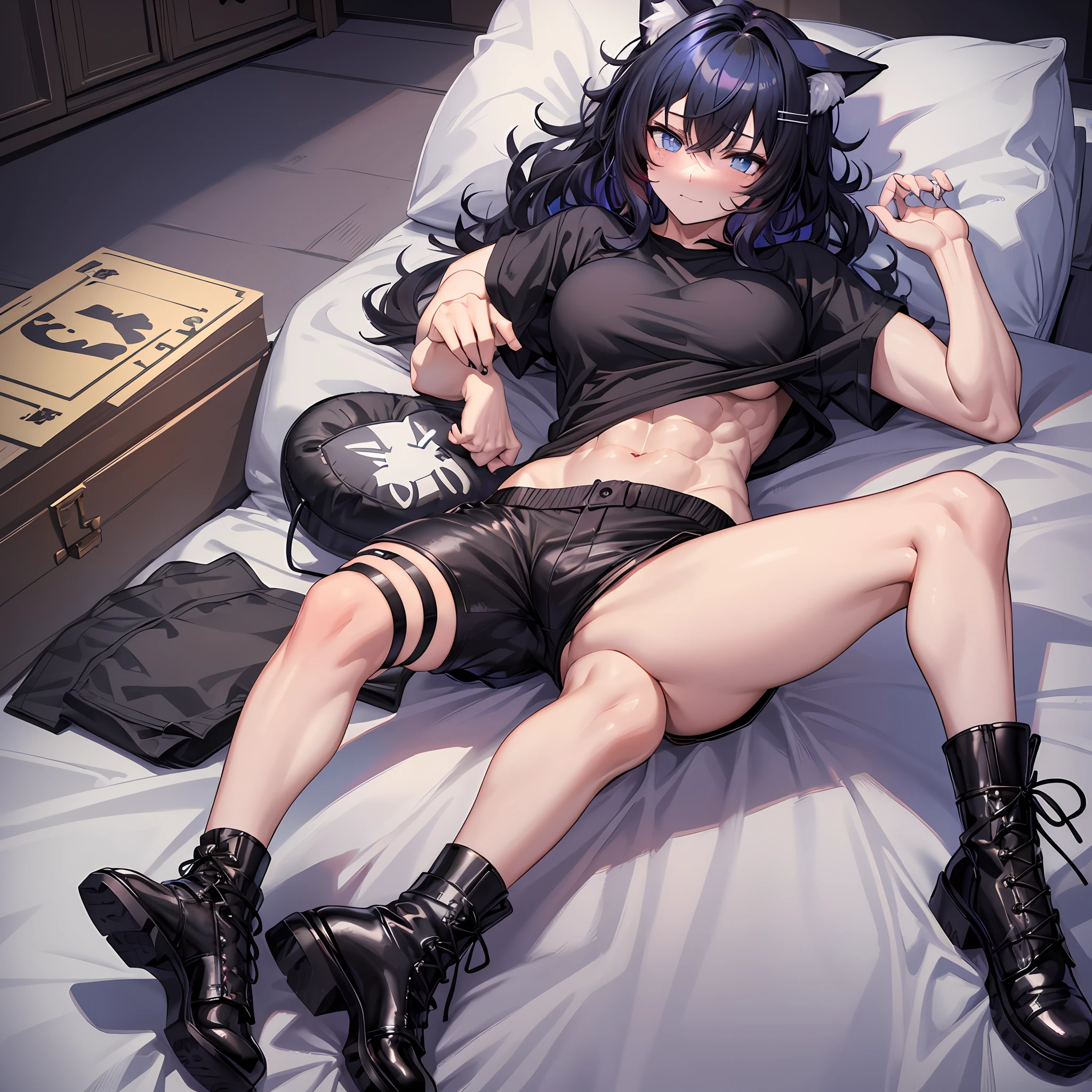cat ears, cat-boi, blue eyes, black hair, big short fluffy messy hair, cat tail, vibrant, HD, black shirt, black booty shorts, accurate hands, black thigh socks, smug, toned abs, combat boots, accurate legs, blush, drunk, half open eyes, (masterpiece), (HD), muscular thighs, bulge, ((SFW))