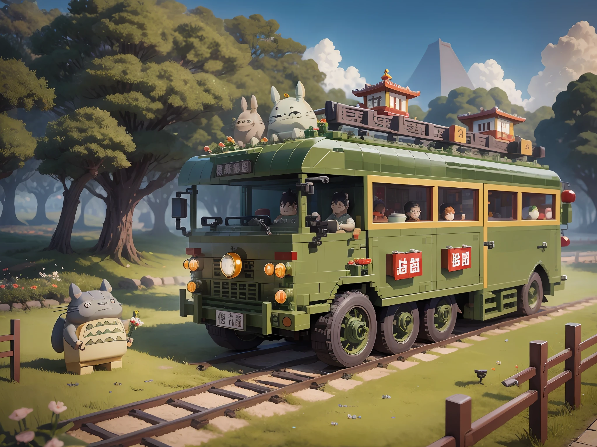totoro catbus postcard, LEGO chinese new year scene, highly detailed, ultra high resolution, 8K UHD --v 6