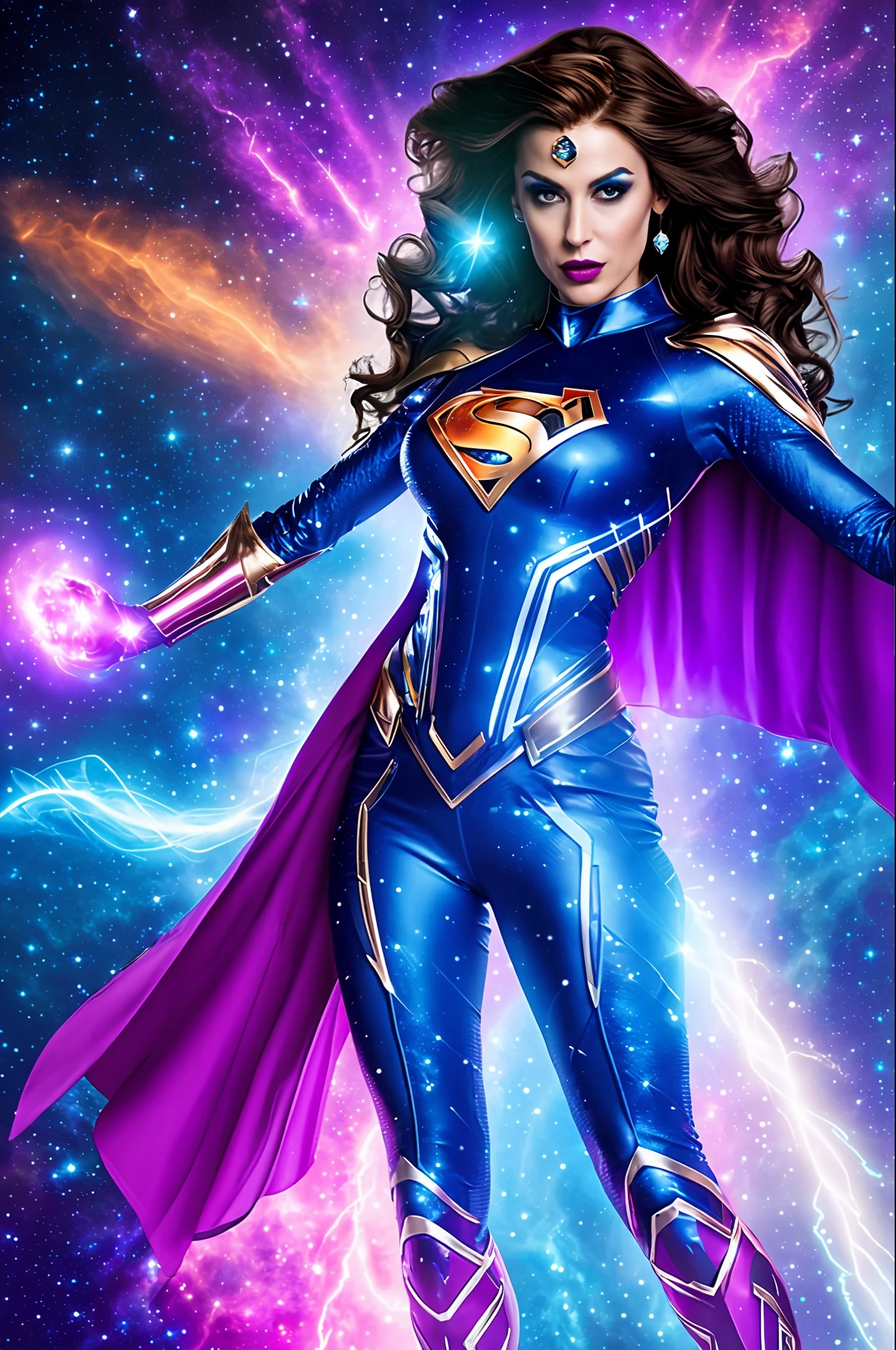 Create a stunning image of a cosmic superheroine, with unparalleled powers and a radiant costume. It protects the universe, in the midst of a starscape. His pose is confident as he wields a cosmic artifact. Unleash your imagination and create this epic image of the superheroine who saves the universe!