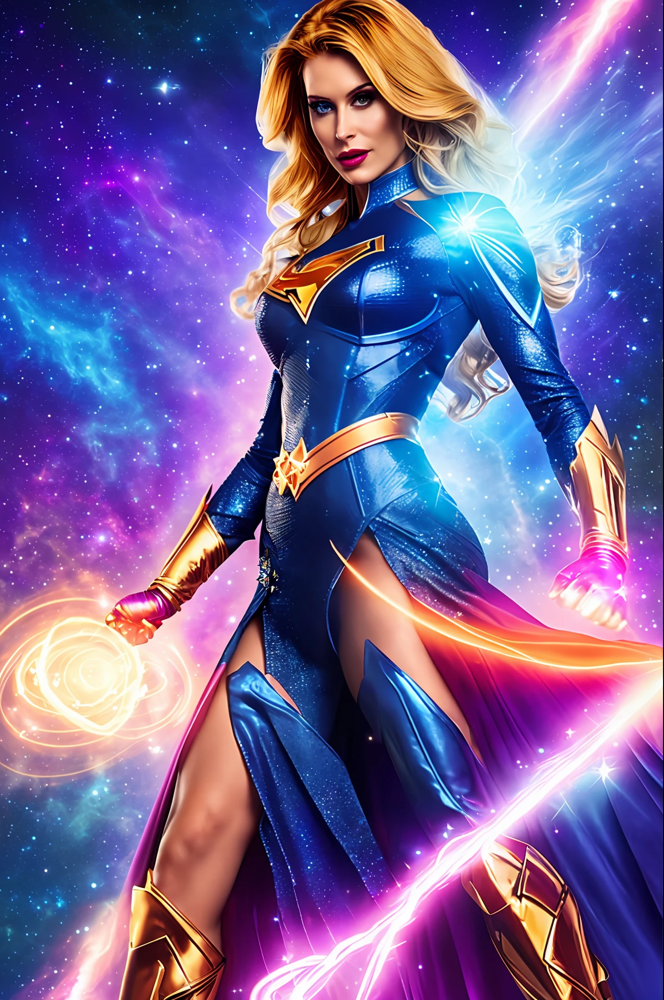 Create a stunning image of a cosmic superheroine, with unparalleled powers and a radiant costume. It protects the universe, in the midst of a starscape. His pose is confident as he wields a cosmic artifact. Unleash your imagination and create this epic image of the superheroine who saves the universe!