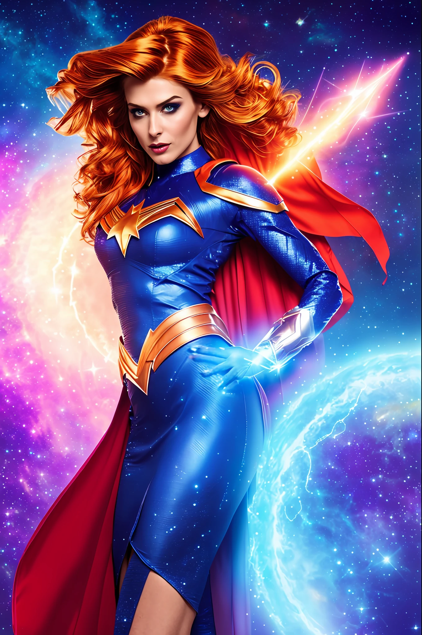 Create a stunning image of a cosmic superheroine, with unparalleled powers and a radiant costume. It protects the universe, in the midst of a starscape. His pose is confident as he wields a cosmic artifact. Unleash your imagination and create this epic image of the superheroine who saves the universe!