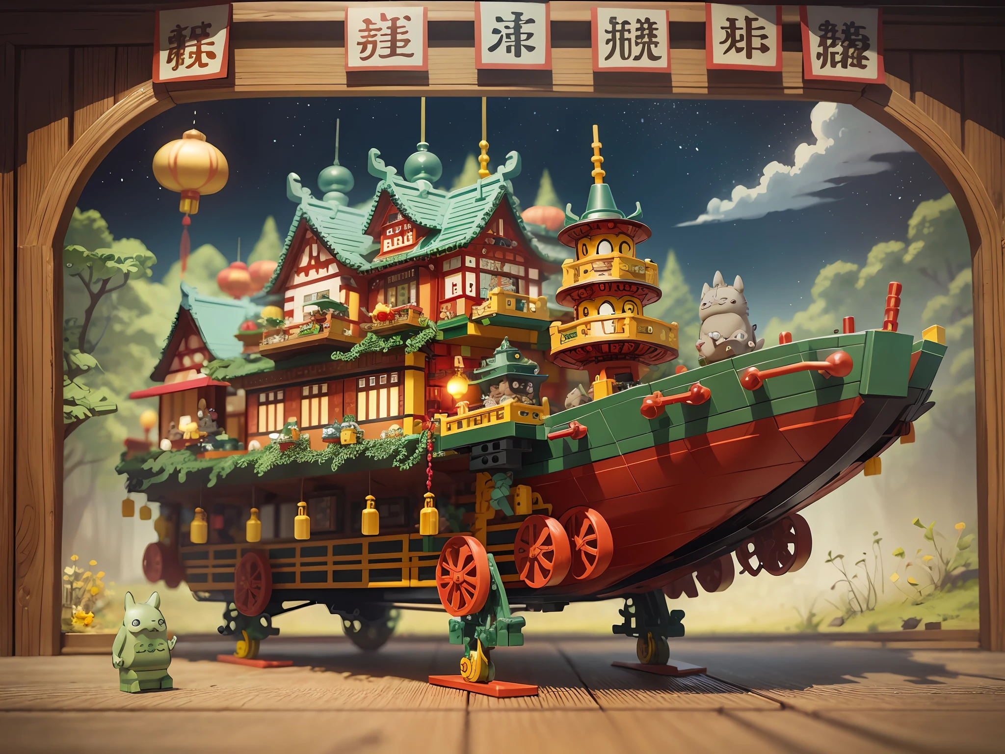 totoro catbus postcard, LEGO chinese new year scene, highly detailed, ultra high resolution, 8K UHD --v 6