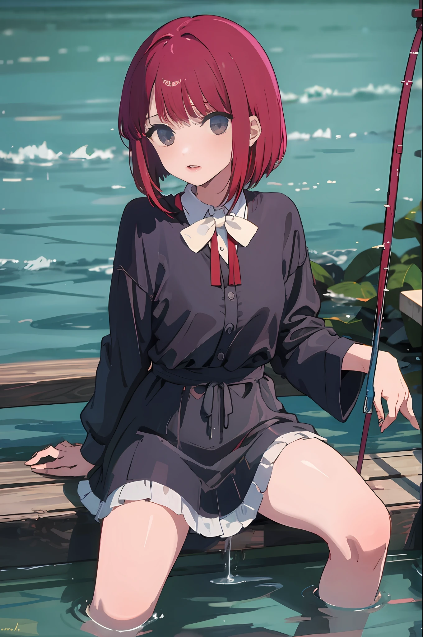 1 girl, sitting, sexy, fishing net