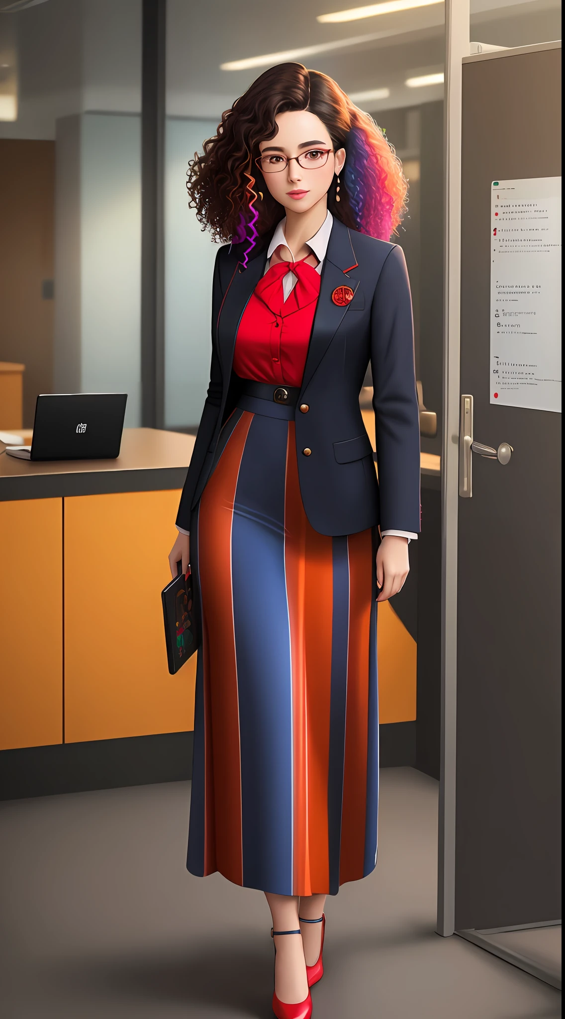 Woman with glasses, dark curly hair, colorful messes, light fur, dark brown eyes, hair brooch, earphone, full body, perfect face, social clothing, long skirt, blazer, blazer with red details, holding a tablet, office environment, hyper realistic, 4k, masterpiece, photography,