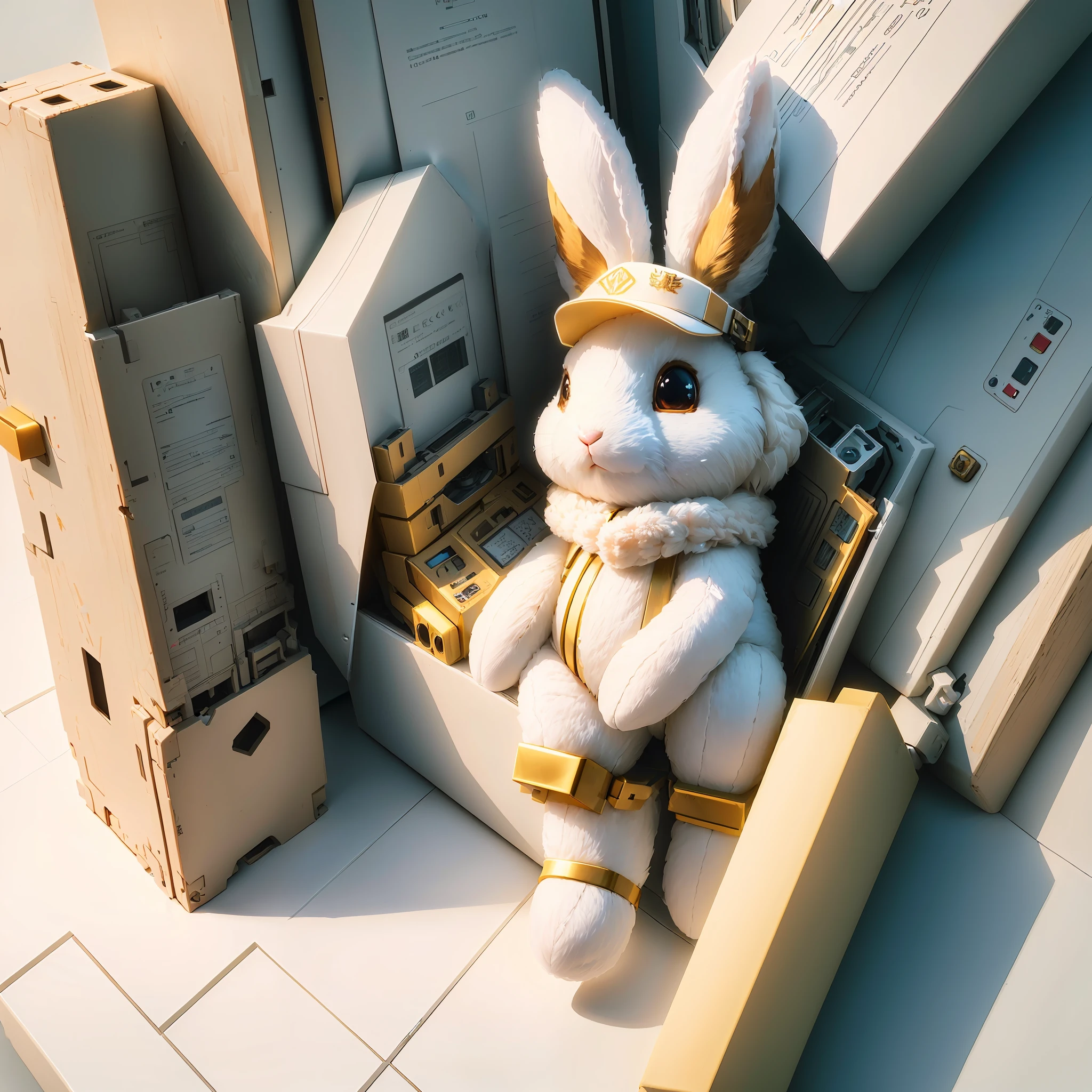 masterpiece, best quality, (8k wallpaper of CG unit extremely detailed), (best quality), (best illustration), (best shadow), a bunny, white, beautiful, delicate, puppy, cute, charming, stuffed animal style, wearing backward facing cap, isometric 3D, octane rendering, ray tracing, ultra detailed