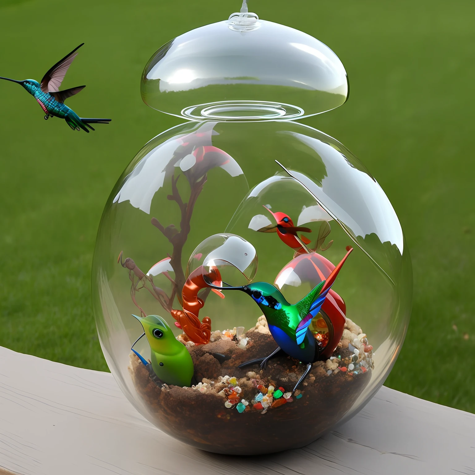 colorful blown glass globe hummingbird feeder +hill design+large ants invading