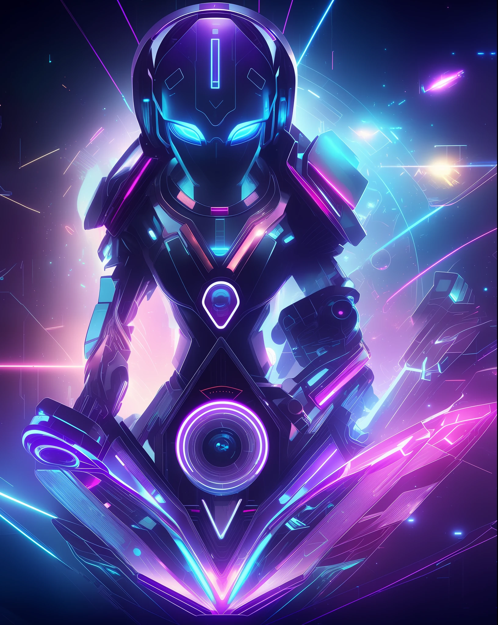 a close up of a person in a futuristic suit with a dj mixer, futuristic art style, digital artwork 4 k, sci-fi digital art illustration, cyber universe style, 4k detailed digital art, jen bartel, style hybrid mix of beeple, cyberpunk art style, fractal cyborg ninja background, cyborg goddess in cosmos, futuristic digital art
