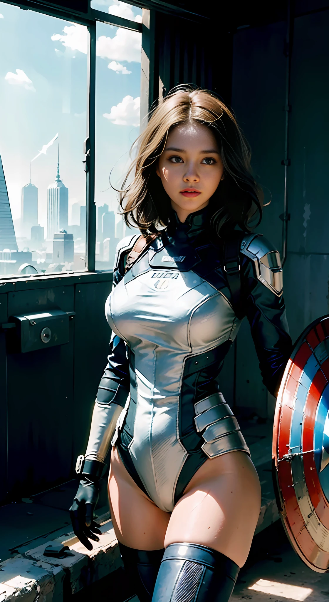 (1girl:1.3), solo, __body-parts__, official art, unified 8k wallpaper, super detailed, beautiful and aesthetic, beautiful, masterpiece, best quality, raw, masterpiece, super fine photo,, best quality, super high resolution, photorealistic photorealism, sunlight, full body portrait, amazing beauty,,dynamic pose, delicate face, vibrant eyes, (viewed from the side), she wears a futuristic Captain America suit, blue color scheme, (holding a shield in hand), A capital A on chest, very detailed abandoned warehouse background, detailed face, detailed complex busy background, messy, gorgeous, milky white, highly detailed skin, realistic skin details, visible pores, sharp focus, volumetric fog, 8k uhd, DSLR camera, high quality, film grain, fair skin, photo realism, lomography, huge metropolis in future dystopia, seen from below, translucent