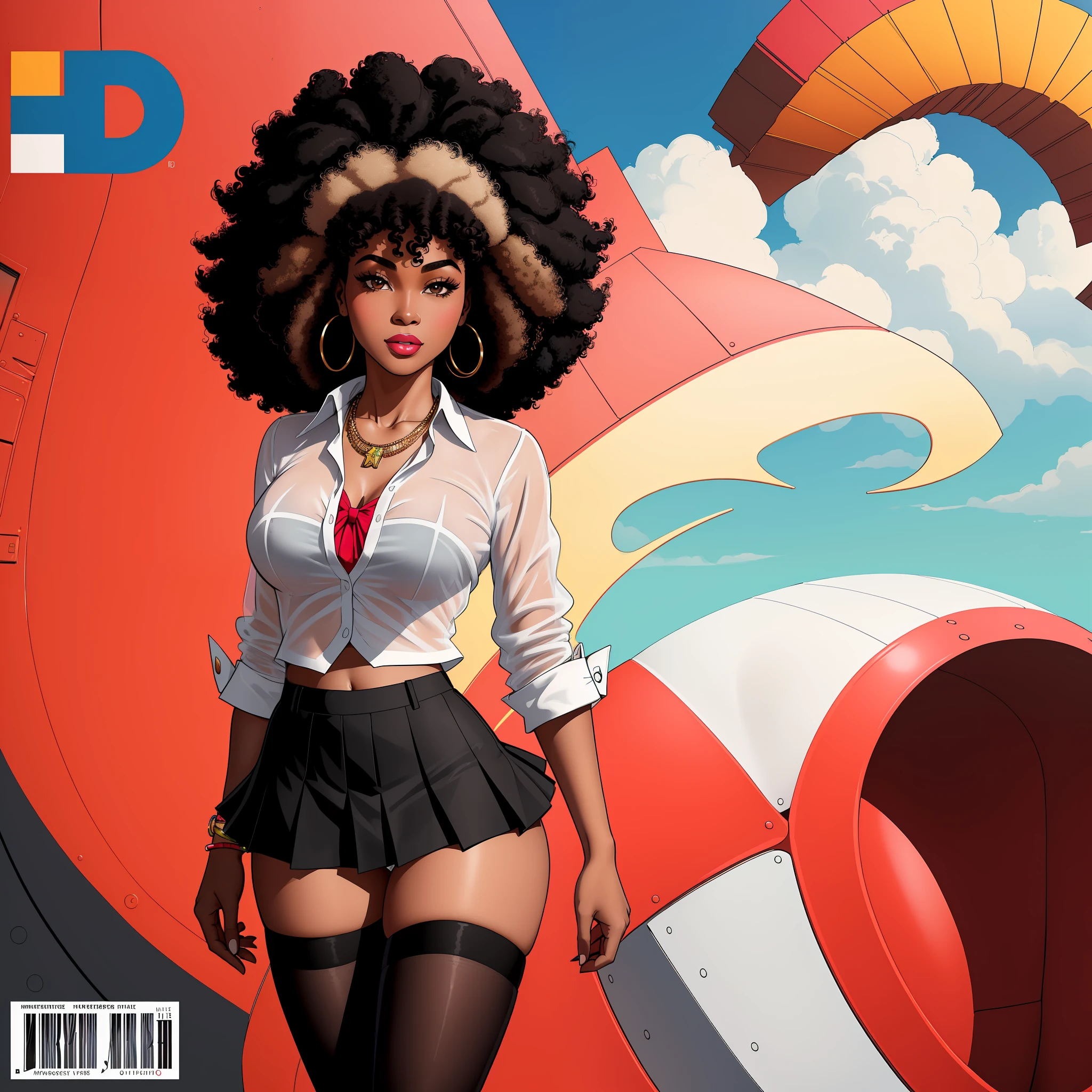 ((((best quality))), (((ultra detailed))), (((masterpiece))), illustration,(Magazine cover-style illustration of a fashionable ((afro woman)) in a vibrant outfit), posing in front of a colorful and dynamic background. She has a confident expression and is holding a statement accessory, The text on the cover should be bold and attention-grabbing, with the title of the magazine and a catchy headline. The overall style should be modern and trendy, with a focus on fashion and lifestyle),
wall paper,crowds,fashion,Lipstick,ray tracing,depth of field, street,in public,day
1girl,solo,looking at viewer, glossy skin, contrapposto, navel, midriff, necklace, female focus,model,medium breasts, ,street,in public, semi transparent ultrathin white shirt unbuttoned, school uniform, black knee high tights,black short miniskirt, arms crossed,
cool, see-through, school uniform,jitome,
,underboob,((floating curly hair, black colo hair, brunette)), sexy ,fine fabric emphasis, dynamic pose, negative space:0.35, realistic:1.33,