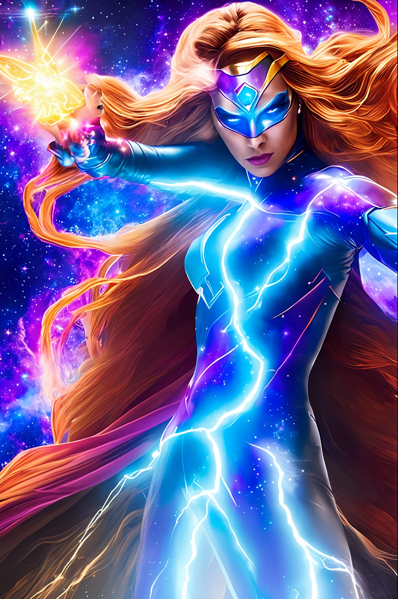 Create a stunning image of a cosmic superheroine, with unparalleled powers and a radiant costume. It protects the universe, in the midst of a starscape. His pose is confident as he wields a cosmic artifact. Unleash your imagination and create this epic image of the superheroine who saves the universe!