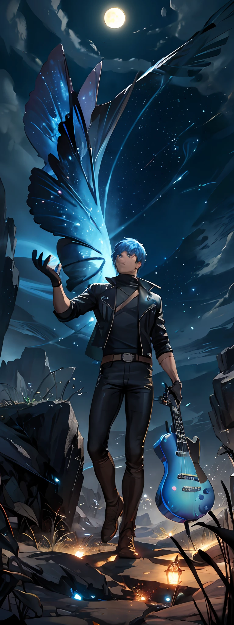 expansive landscape photograph , (a view from below that shows sky above and open field below), a boy wearing leather jacket and leather pant, holding an electric guitar with his hand(gibson les Paul), wearing sunglass, standing on field of magical glowing rocks, looking up, (full moon:1.2), ( shooting stars:0.9), (nebula:1.3), distant mountain, tree BREAK
production art, (warm light source:1.2), (Firefly:1.2), lot of blue and orange, intricate details, volumetric lighting, realism BREAK
(masterpiece:1.2), (best quality), 4k, ultra-detailed, (dynamic composition:1.4), highly detailed, colorful details,( iridescent colors:1.2), (glowing lighting, atmospheric lighting), dreamy, magical, (solo:1.2)