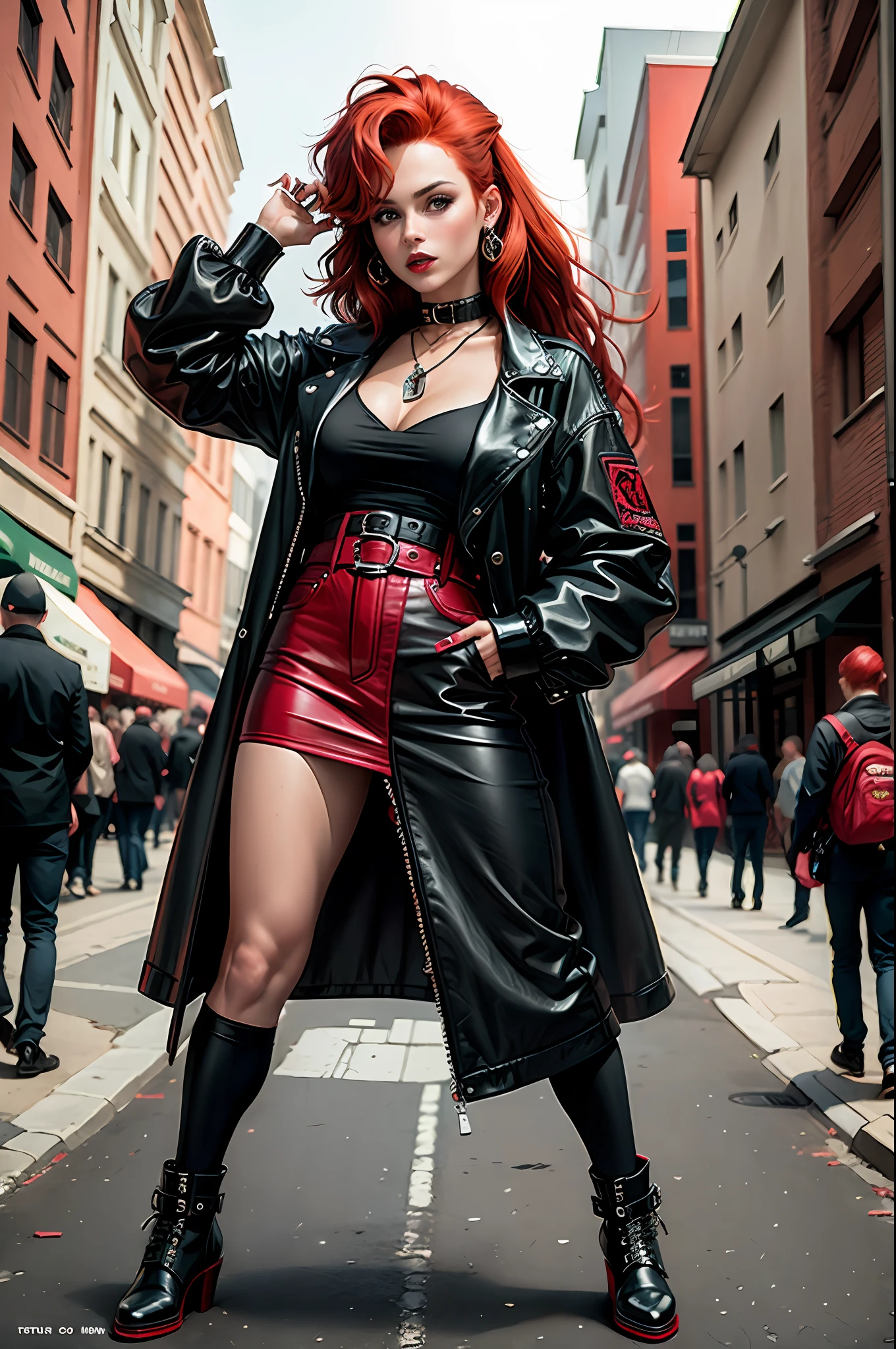 Rocker woman in black 90's outfit with red hair