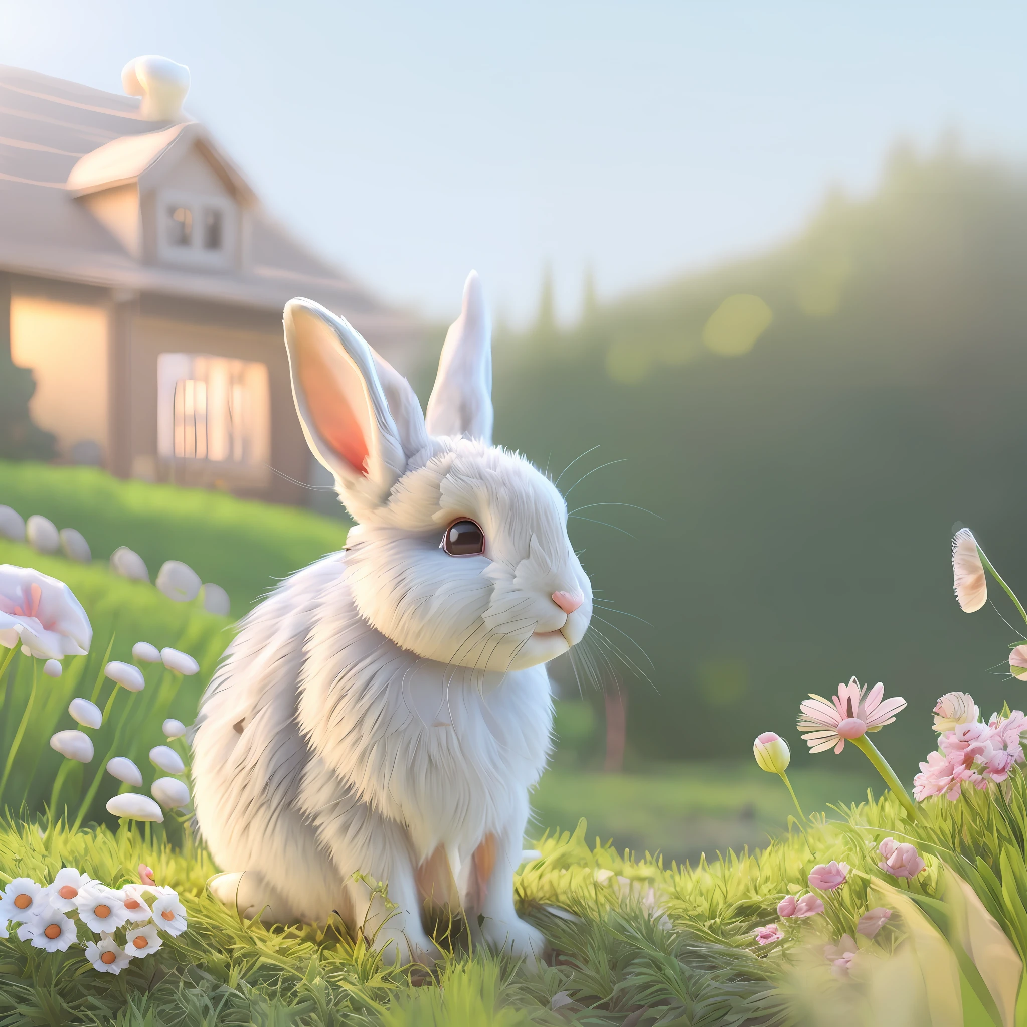 there is a rabbit sitting in the grass near a house, adorable digital painting, cute detailed digital art, cute 3 d render, cute digital art, cute anthropomorphic bunny, a photorealistic rendering, ultra realistic 3d illustration, bunny, realistic illustration, rabbit_bunny, a hyper realistic, rabbit, photorealistic illustration, official illustration, realistic 3 d style