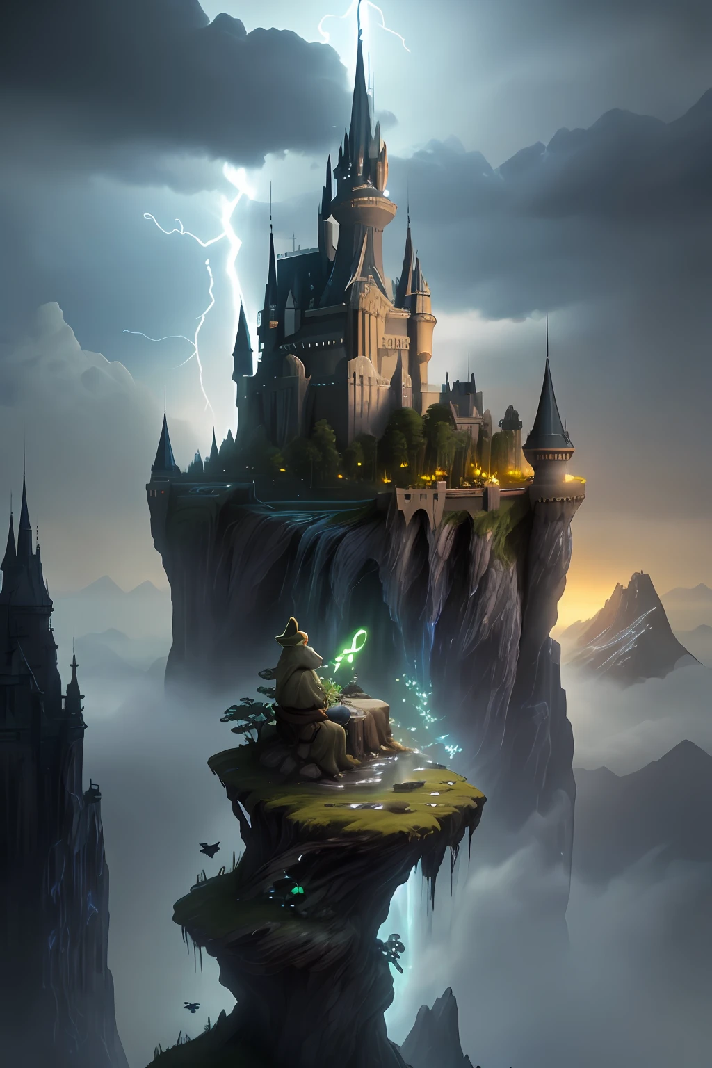 Master Yoda of Star Wars sitting and flitting on top of a cloud on a mystical mountain, with streams of magic all around, lightning and lightning. In the background a terror-style castle. Detailed scene, realistic, unreal engine, 8k