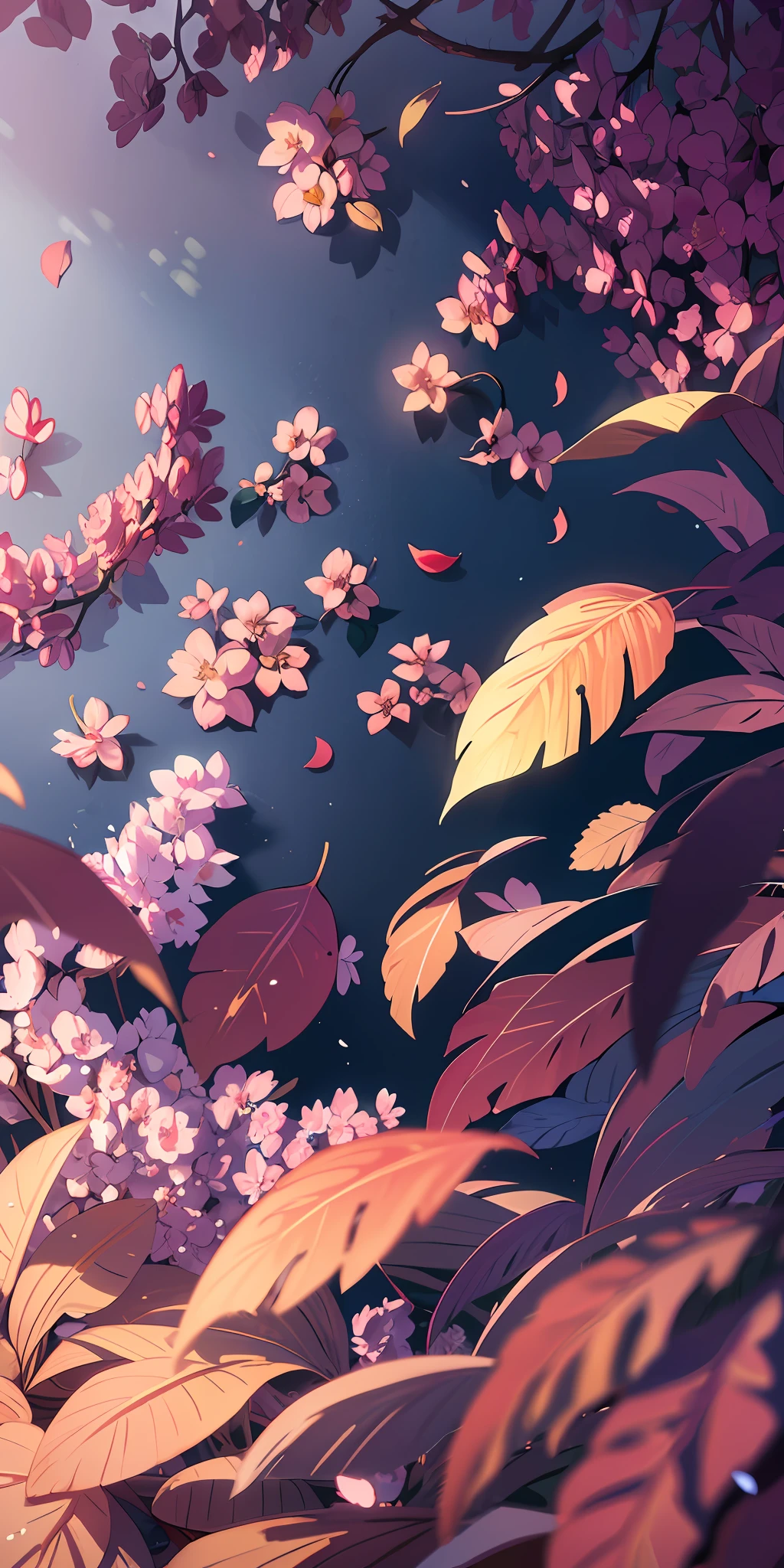 Masterpiece, best quality, (very detailed CG unity 8k wallpaper) (best quality), (best illustration), (best shadows) Nature's delicate leaves petals of various colors falling in the air light Tracking, super detailed --v6