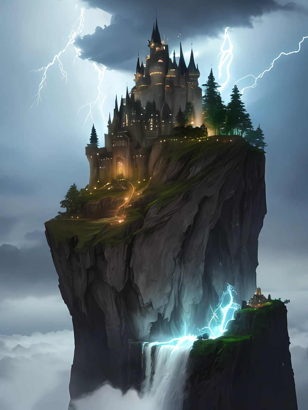 Yoda from Star Wars sitting meditating on top of a cloud on a mystical mountain, with streams of magic all around, lightning and lightning. In the background a terror-style castle. Detailed scene, realistic, unreal engine, 8k