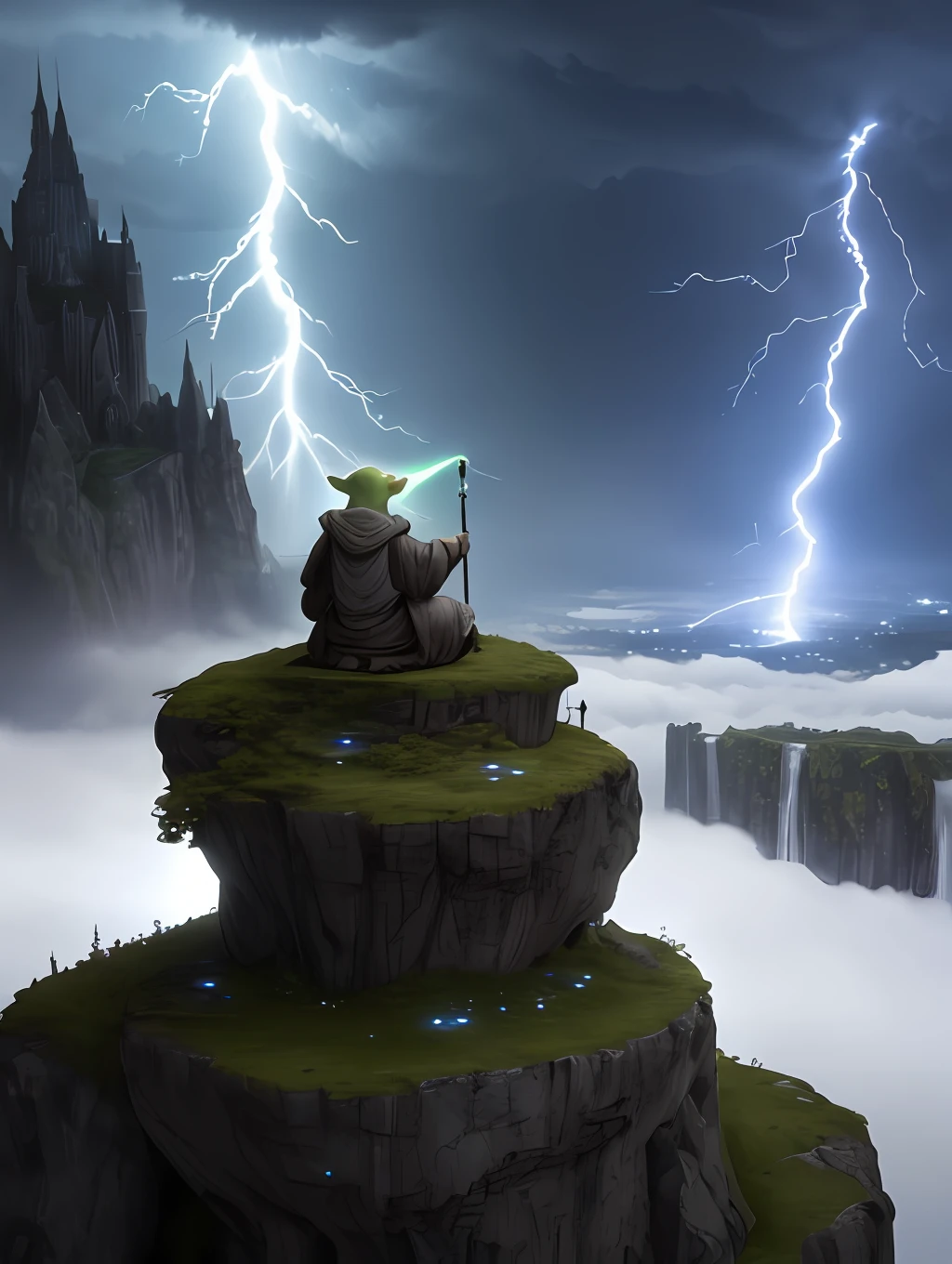 Yoda from Star Wars sitting meditating on top of a cloud on a mystical mountain, with streams of magic all around, lightning and lightning. In the background a terror-style castle. Detailed scene, realistic, unreal engine, 8k