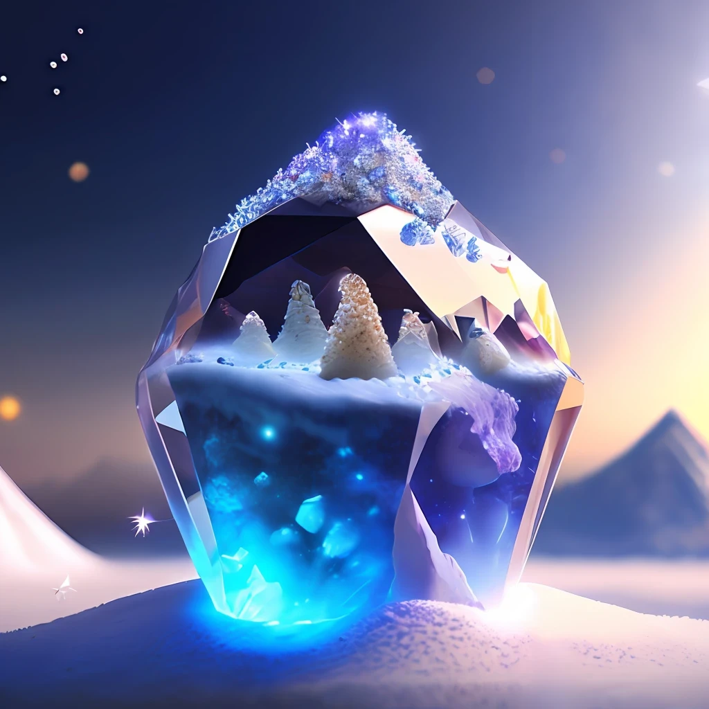 realistic photo of a large shiny crystal stone, inside the crystal stone there is a mini galaxy, and this crystal stone is with a piece buried over an anthill, around the anthill there are cherry blossoms, scenery is snow mountains in Japan with lights and magical particles in the air, photorealistic, 3D, 4k, HDR, ray tracing.