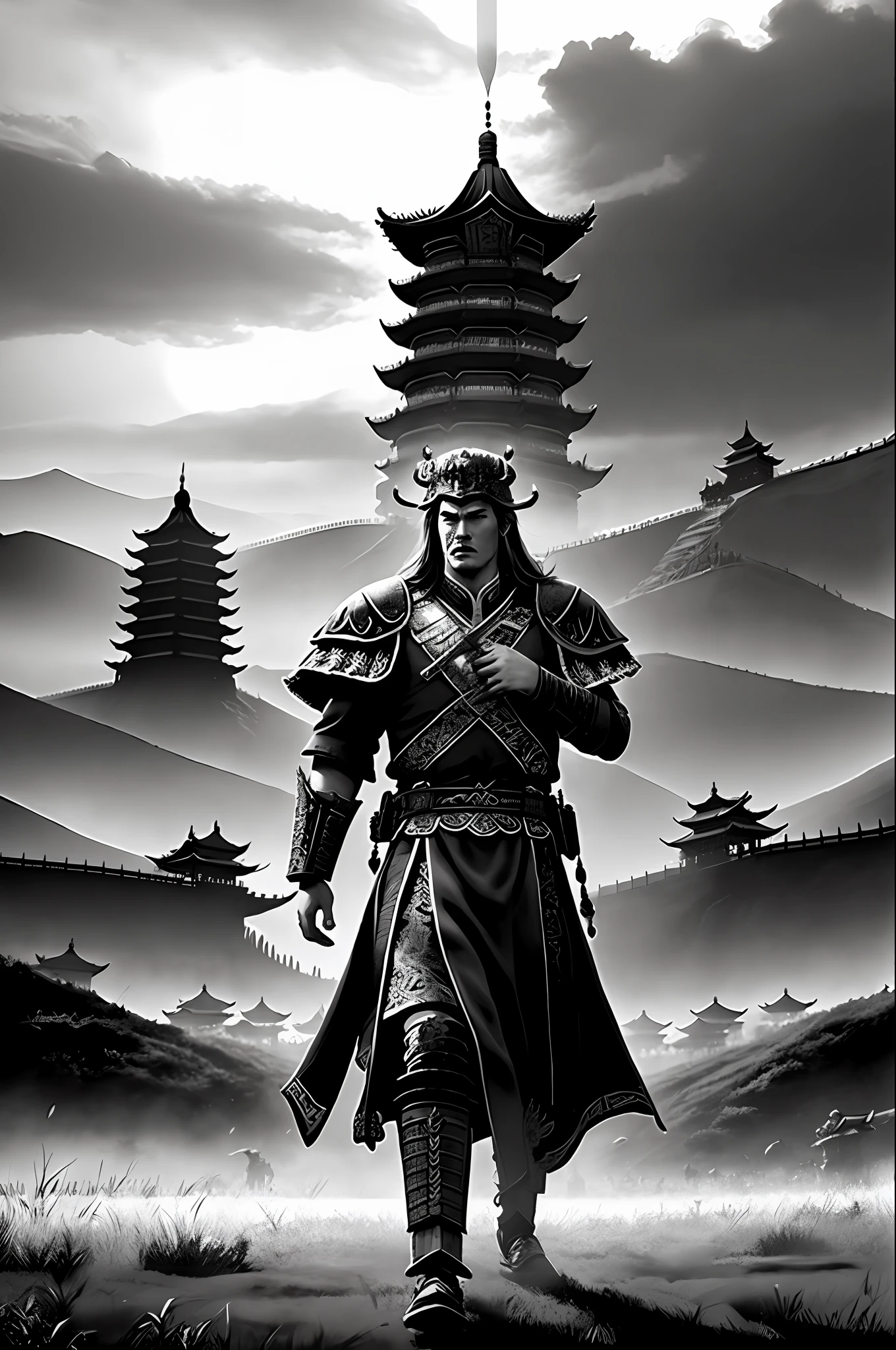 A fantasy castle (total war warhammer style), inspired by ancient china, dramatic lights, night, an approaching army