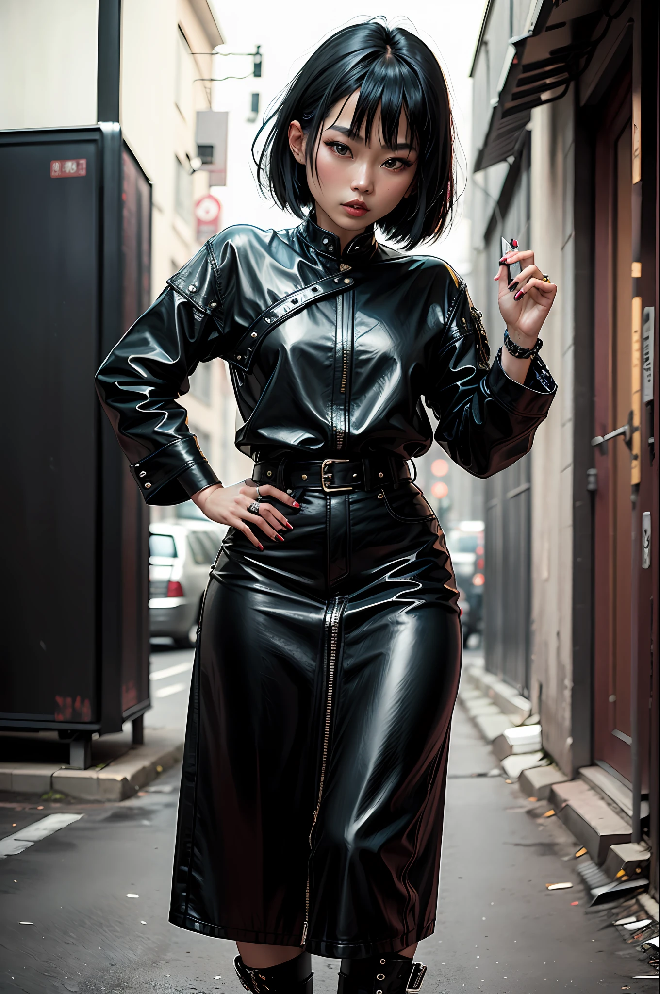 Asian rocker woman in black clothing from the 90s