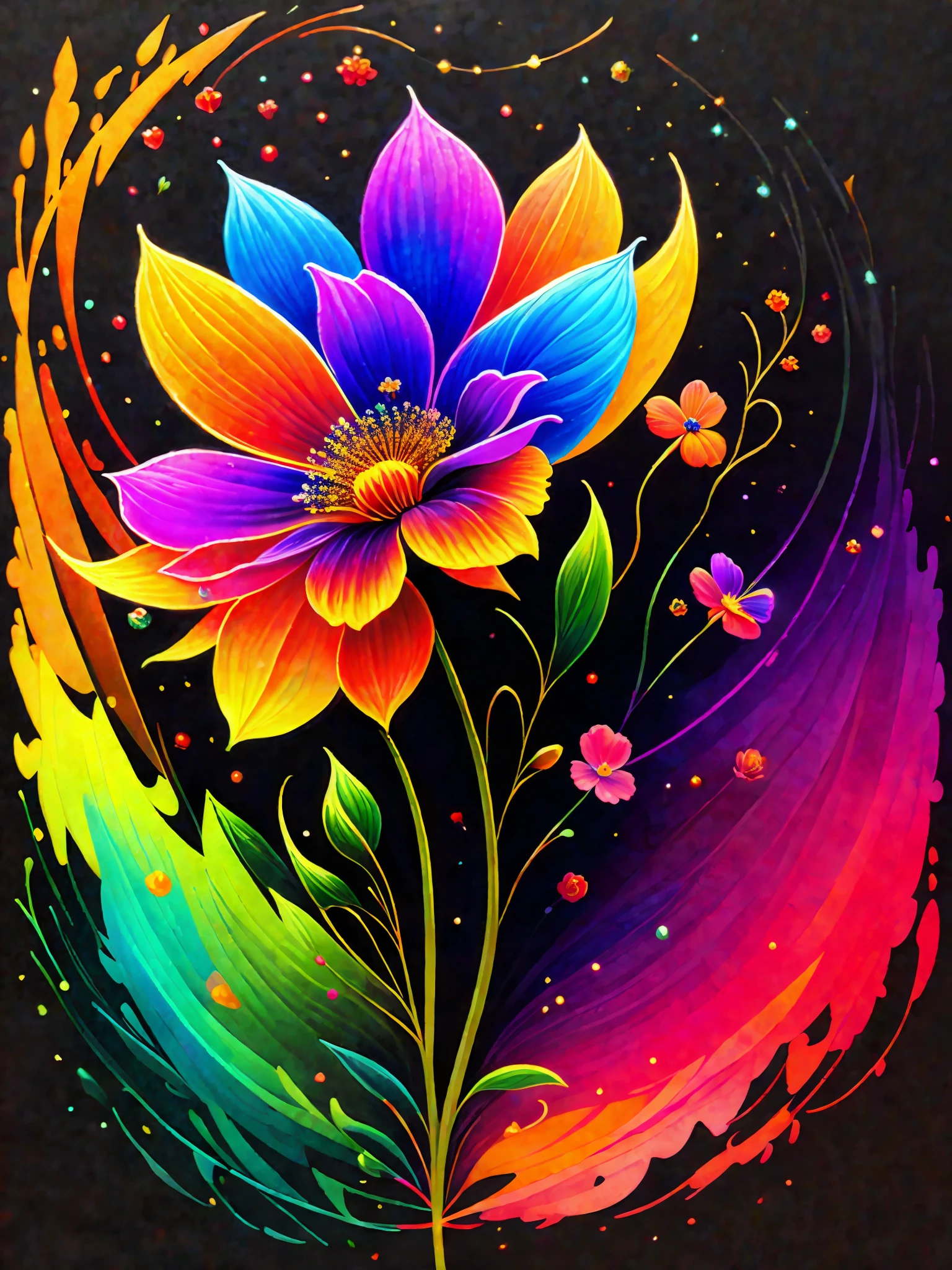 a painting of a colorful flower on a black background,, breathtaking rendering, within a radiant connection, inspired by Kinuko Y. Craft,, magical elements, flower icon, wow, is beautiful, casting a multi colorful spell, bright flash, flash