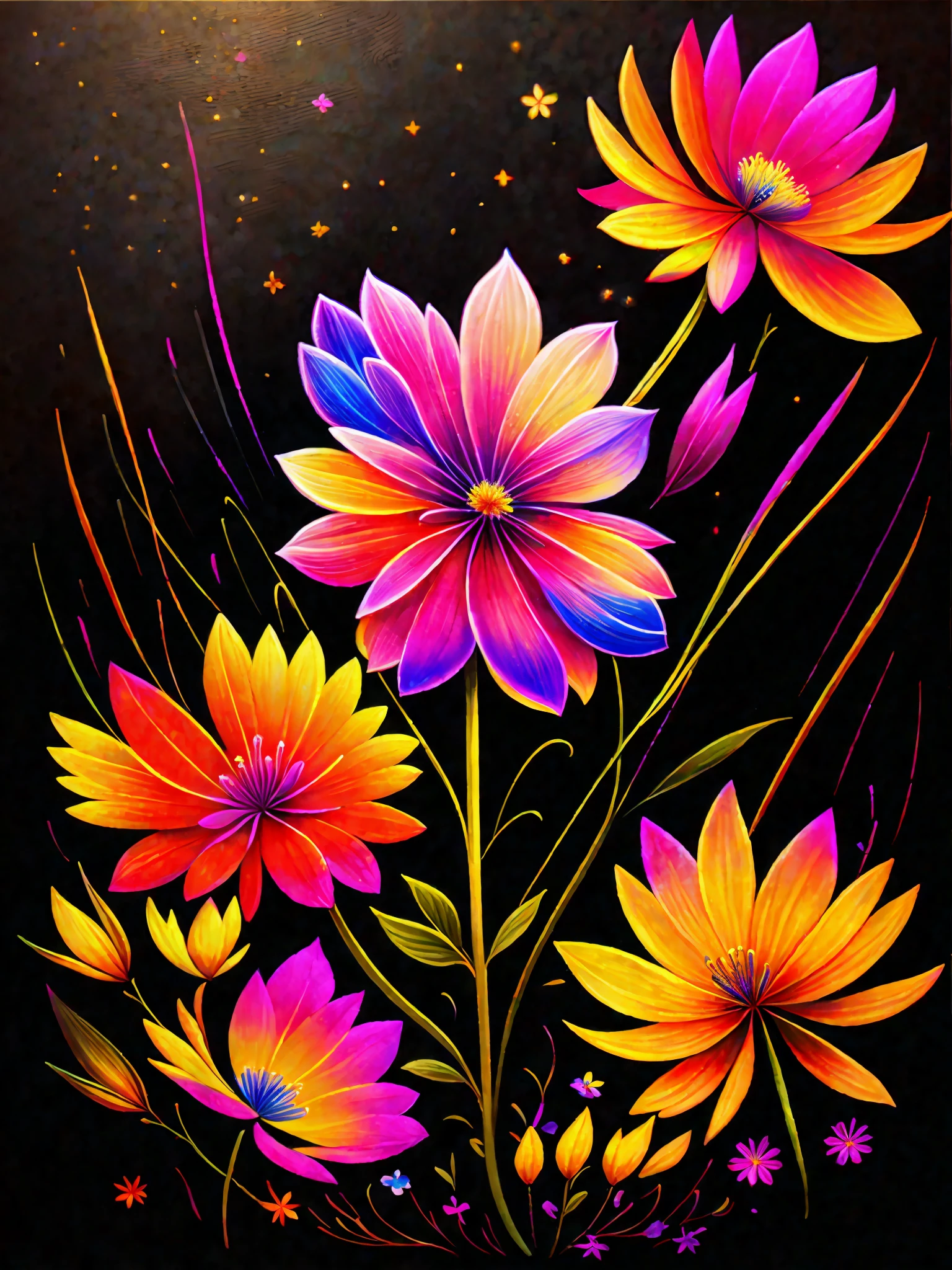 a painting of a colorful flower on a black background,, breathtaking rendering, within a radiant connection, inspired by Kinuko Y. Craft,, magical elements, flower icon, wow, is beautiful, casting a multi colorful spell, bright flash, flash
