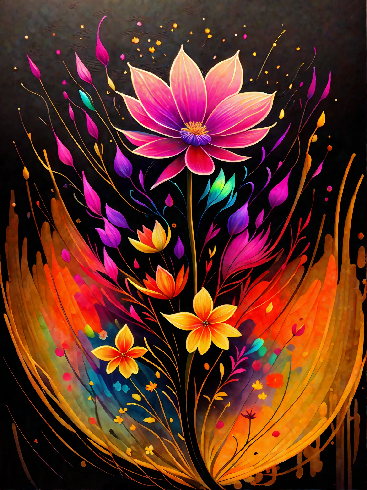 a painting of a colorful flower on a black background,, breathtaking rendering, within a radiant connection, inspired by Kinuko Y. Craft,, magical elements, flower icon, wow, is beautiful, casting a multi colorful spell, bright flash, flash