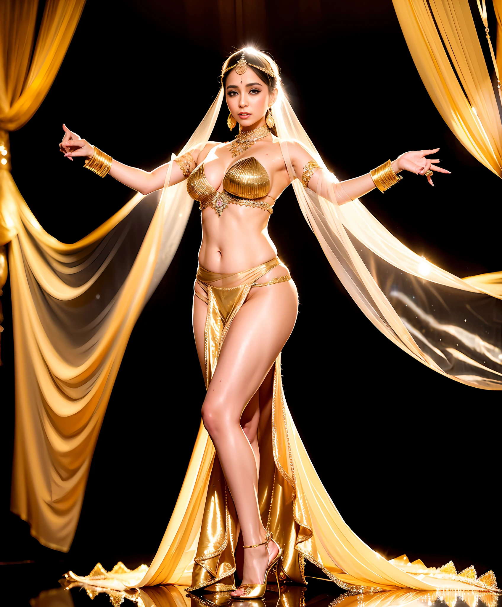 Arab woman wearing golden transparent gauze with transparent veil and pale pink scarf, beautiful costume, high quality costume, exquisite rendering, belly dance, elegant belly dance pose, exotic costume, high quality theatrical costume, she dressed up as belly dancer, Arab princess, fine jewelry costume, costume, costume design, Arabian inspiration, fair skin, exquisite face shape, exquisite rendering, stage