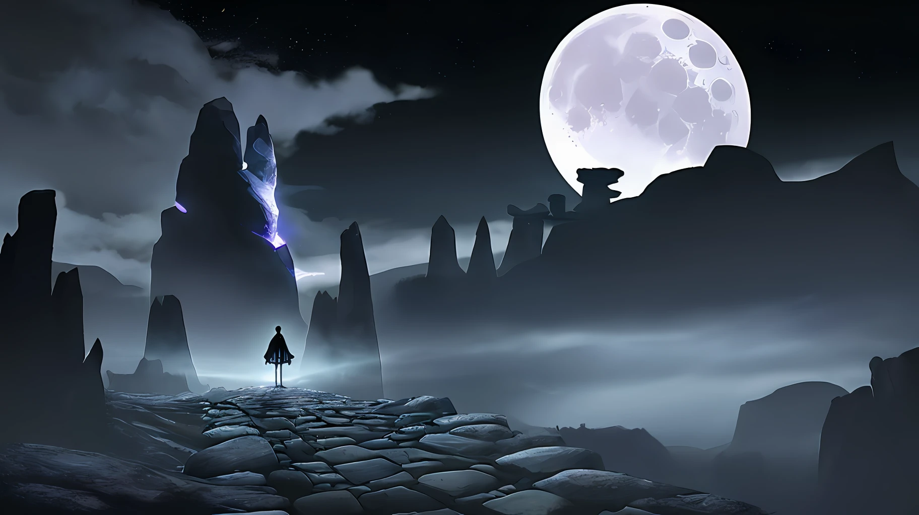 A spectral being walking between a path of stones and the giant moon in the background illuminating the being leaving only its silhouette