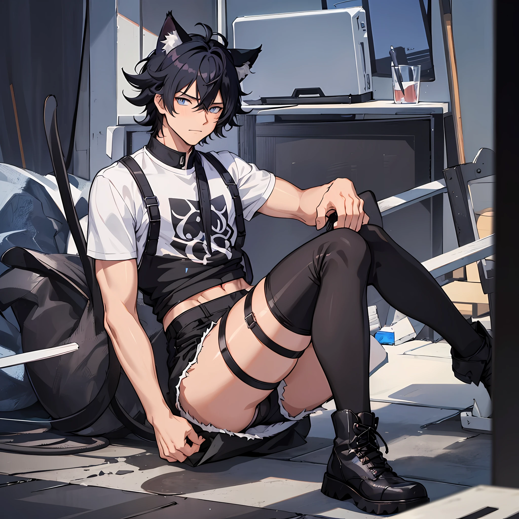 cat ears, cat-boi, blue eyes, black hair, big short fluffy messy hair, cat tail, vibrant, HD, black shirt, black booty shorts, accurate hands, black thigh socks, smug, toned abs, combat boots, accurate legs, blush, drunk, half open eyes, (masterpiece), (HD), muscular thighs, bulge, ((SFW))