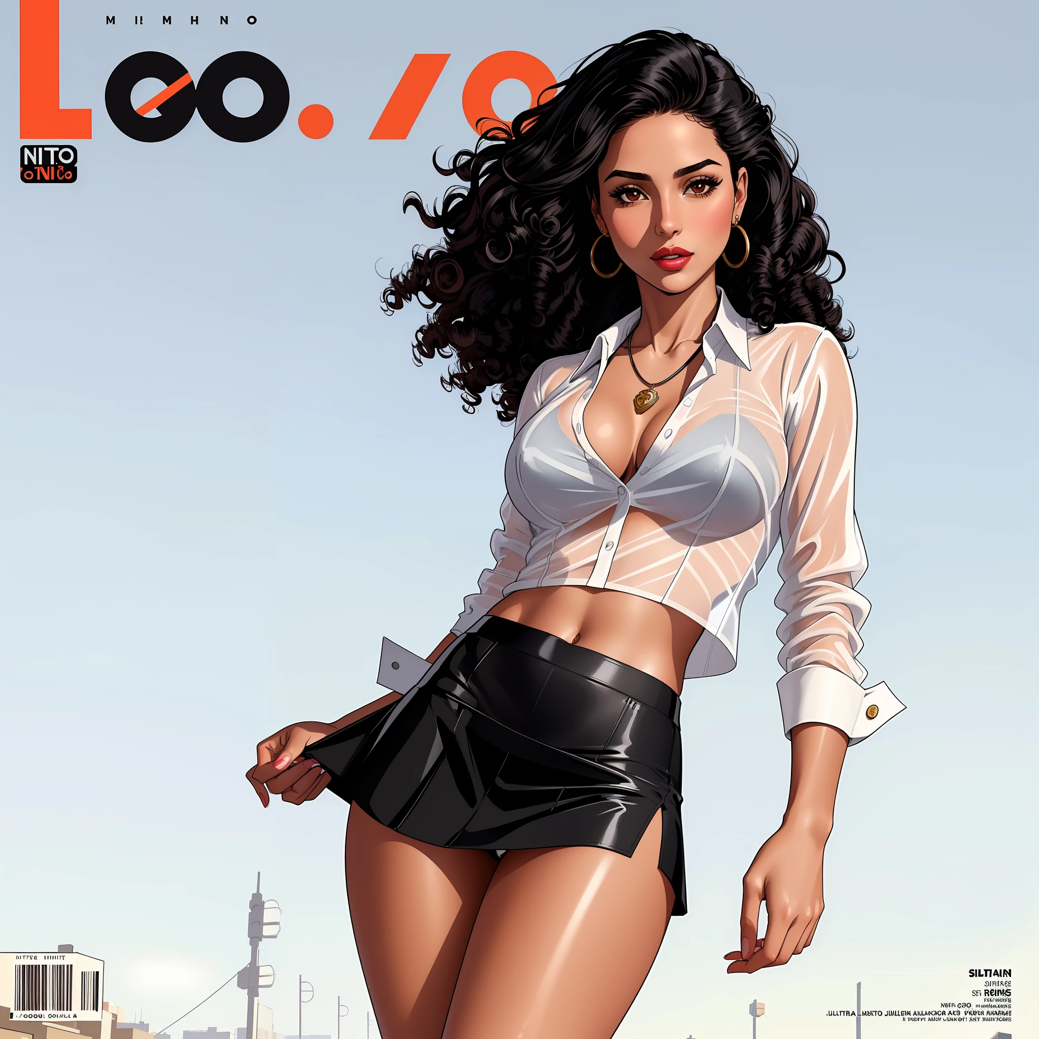 ((((best quality))), (((ultra detailed))), (((masterpiece))), illustration,(Magazine cover-style illustration of a fashionable ((latina woman)) in a vibrant outfit), posing in front of a colorful and dynamic background. She has a confident expression and is holding a statement accessory, The text on the cover should be bold and attention-grabbing, with the title of the magazine and a catchy headline. The overall style should be modern and trendy, with a focus on fashion and lifestyle),
wall paper,crowds,fashion,Lipstick,ray tracing,depth of field, street,in public,day
1girl,solo,looking at viewer, glossy skin, contrapposto, navel, midriff, necklace, female focus,model,medium breasts, ,street,in public, semi transparent ultrathin white shirt unbuttoned, school uniform, black knee high tights,black short miniskirt, arms crossed,
cool, see-through, school uniform,jitome,
,underboob,((floating curly hair, black colo hair, tanned skin)), sexy ,fine fabric emphasis, dynamic pose, negative space:0.35, realistic:1.33,