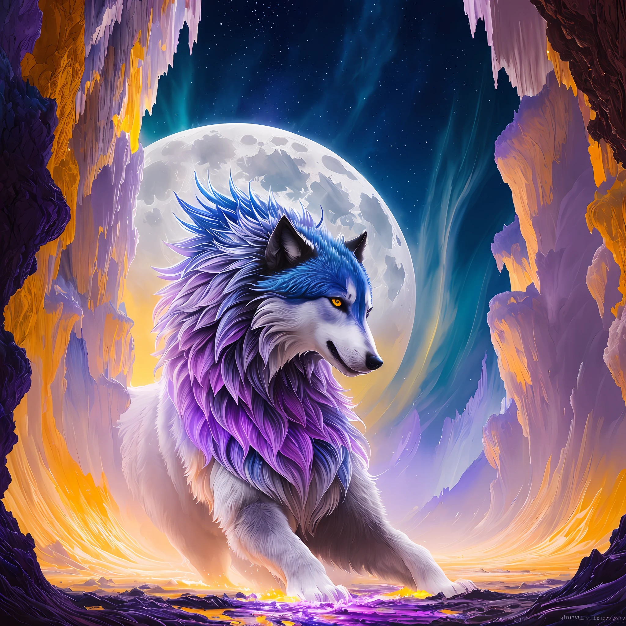 Extremely stressed wolf anime, full moon background, random colorful art, oil painting, blue yellow colors, light purple and violet additions, light red additions, intricate details, welcome screen, 8k resolution, masterpiece, artstation digital painting Very smooth ink flow: 8K resolution Photorealistic masterpiece: Intricately detailed fluid gouache painting:   by Jean Baptiste Mongue: Calligraphy: Acrylic: watercolor, professional photography, natural lighting, maximalist volumetric lighting photoillustration: by Marton Bobzert:, complex, elegant, expansive, fantastic, vibrant