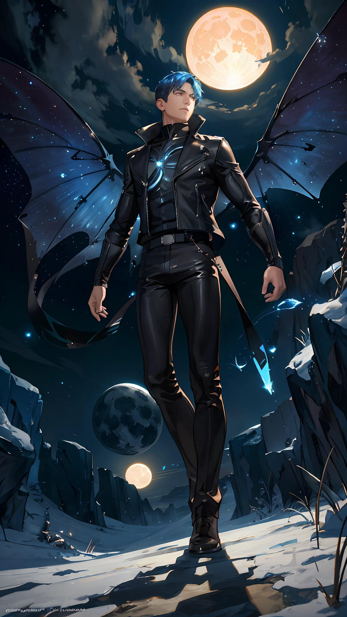 expansive landscape photograph , (a view from below that shows sky above and open field below), a boy wearing leather jacket and leather pant, has transparent wings on his back, holding a fireball, wearing sunglass, standing on field of magical glowing rocks, looking up, (full moon:1.2), ( shooting stars:0.9), (nebula:1.3), distant mountain, tree BREAK production art, (warm light source:1.2), (Firefly:1.2), lot of blue and orange, intricate details, volumetric lighting, realism BREAK (masterpiece:1.2), (best quality), 4k, ultra-detailed, (dynamic composition:1.4), highly detailed, colorful details,( iridescent colors:1.2), (glowing lighting, atmospheric lighting), dreamy, magical, (solo:1.2)