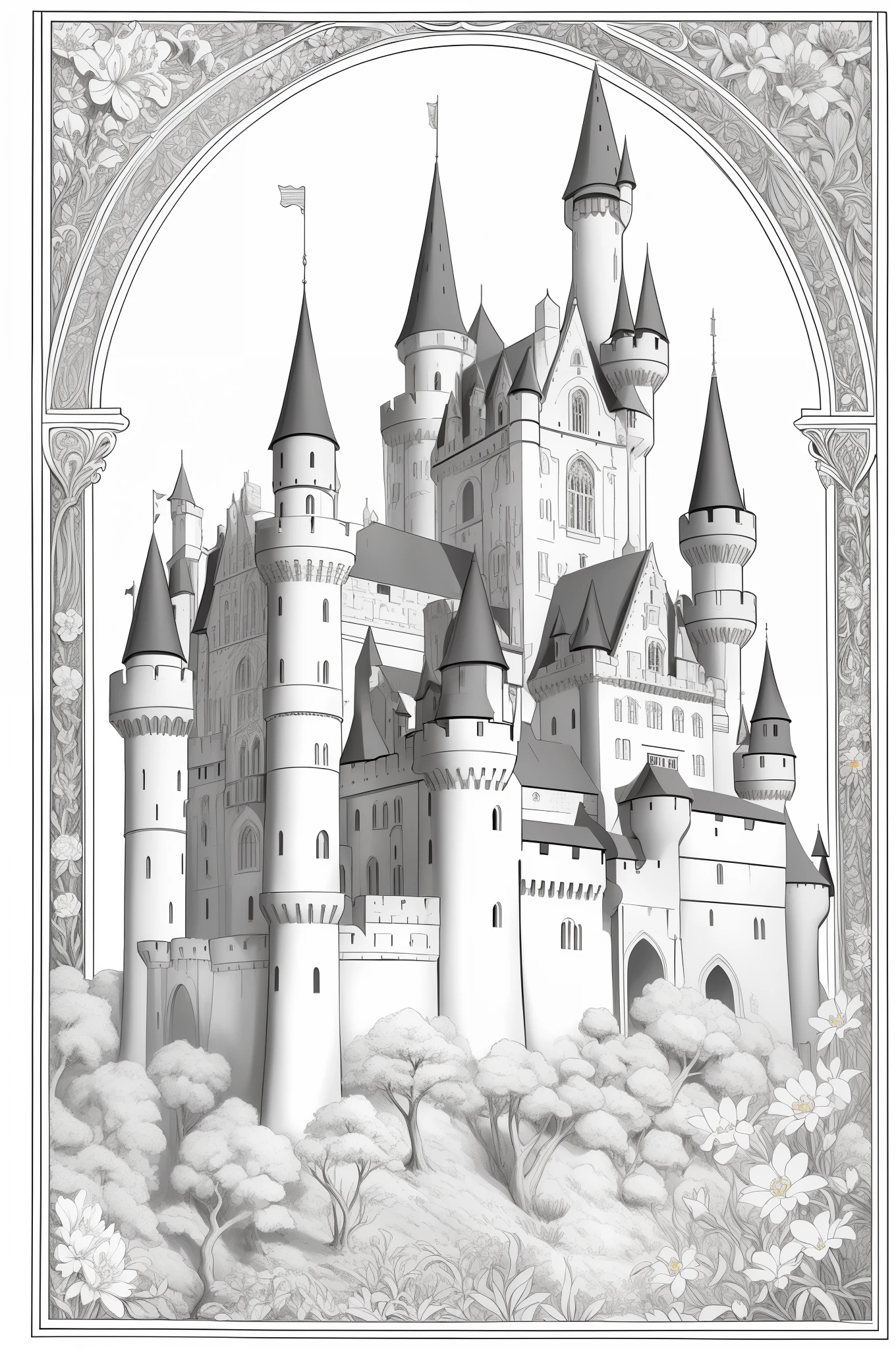 Beautiful and detailed medieval castle draw in 2d, masterpiece, best quality, lineart, monochrome, white background, black and white, coloring book for children, on paper, full page, free lines, art line high detailed, to print, perfect anatomy, ((white background)), flowers., 2d, 2d. cartoon Style.