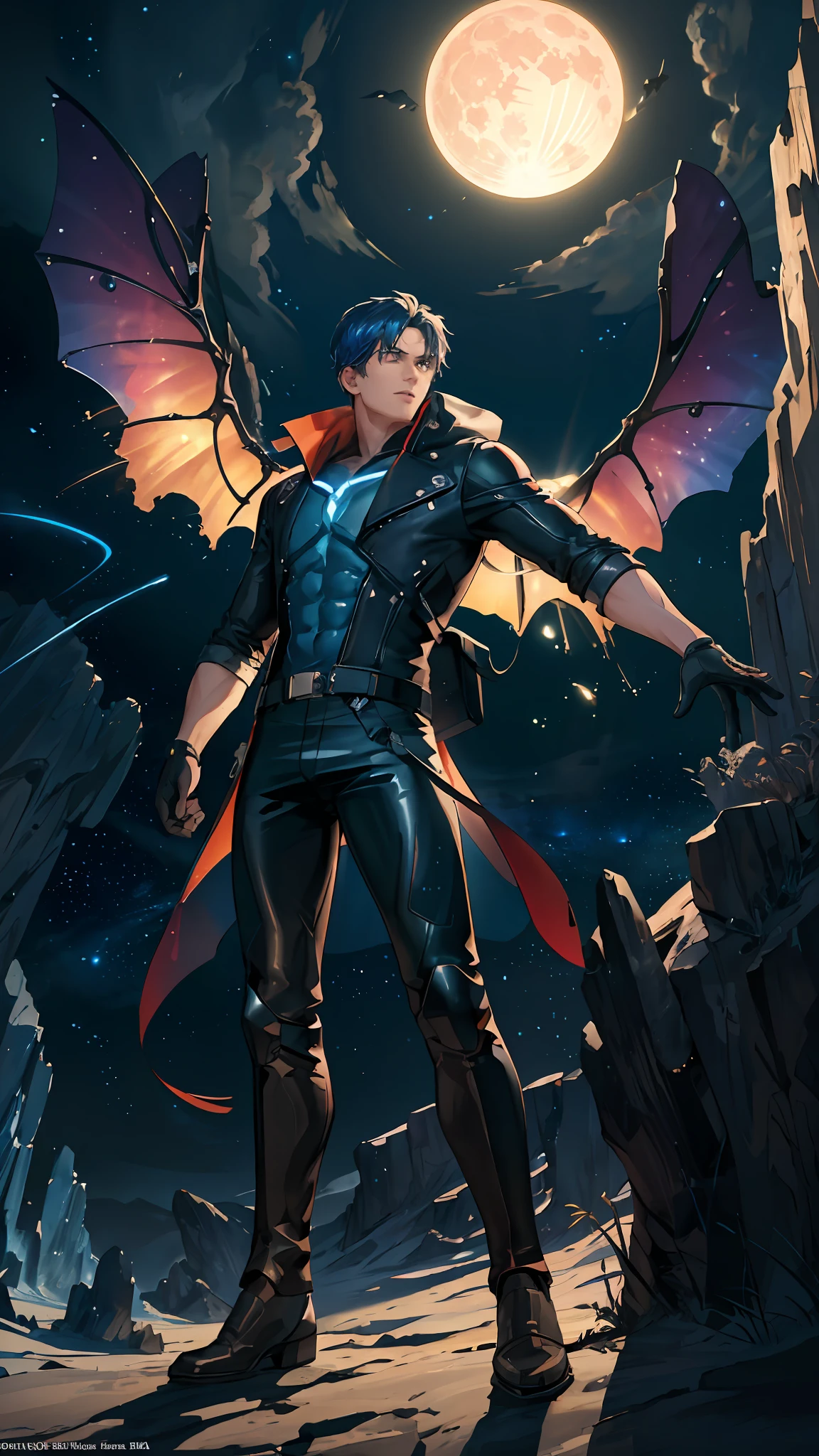expansive landscape photograph , (a view from below that shows sky above and open field below), a boy wearing leather jacket and leather pant, has transparent wings on his back, holding a fireball, wearing sunglass, standing on field of magical glowing rocks, looking up, (full moon:1.2), ( shooting stars:0.9), (nebula:1.3), distant mountain, tree BREAK production art, (warm light source:1.2), (Firefly:1.2), lot of blue and orange, intricate details, volumetric lighting, realism BREAK (masterpiece:1.2), (best quality), 4k, ultra-detailed, (dynamic composition:1.4), highly detailed, colorful details,( iridescent colors:1.2), (glowing lighting, atmospheric lighting), dreamy, magical, (solo:1.2)