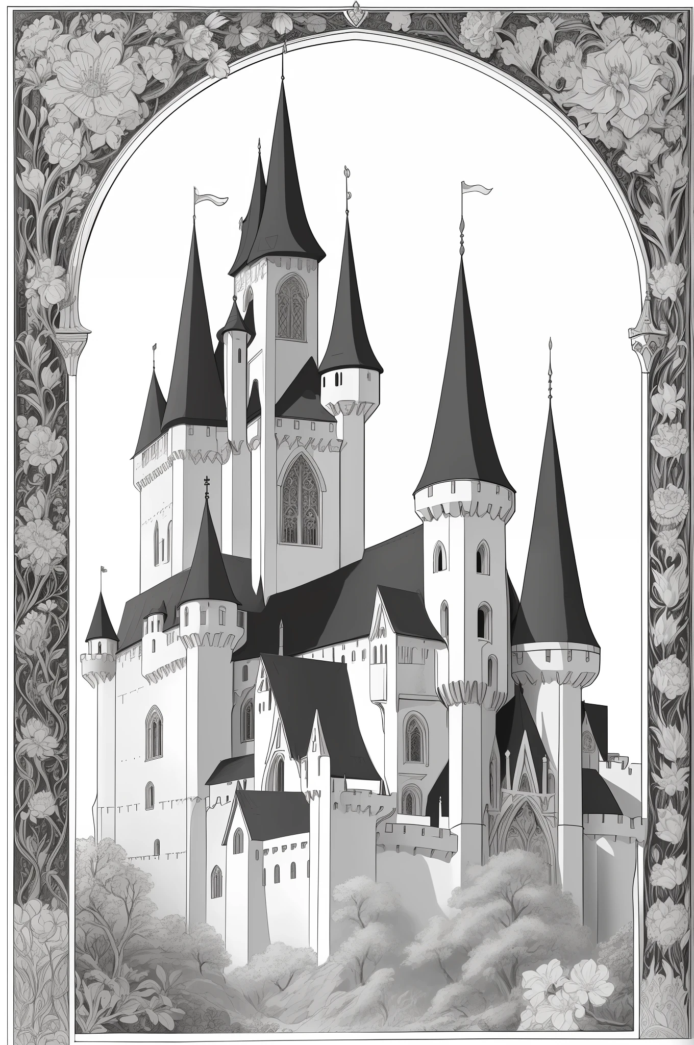 Beautiful and detailed medieval castle draw in 2d, masterpiece, best quality, lineart, monochrome, white background, black and white, coloring book for children, on paper, full page, free lines, art line high detailed, to print, perfect anatomy, ((white background)), flowers., 2d, 2d. cartoon Style.